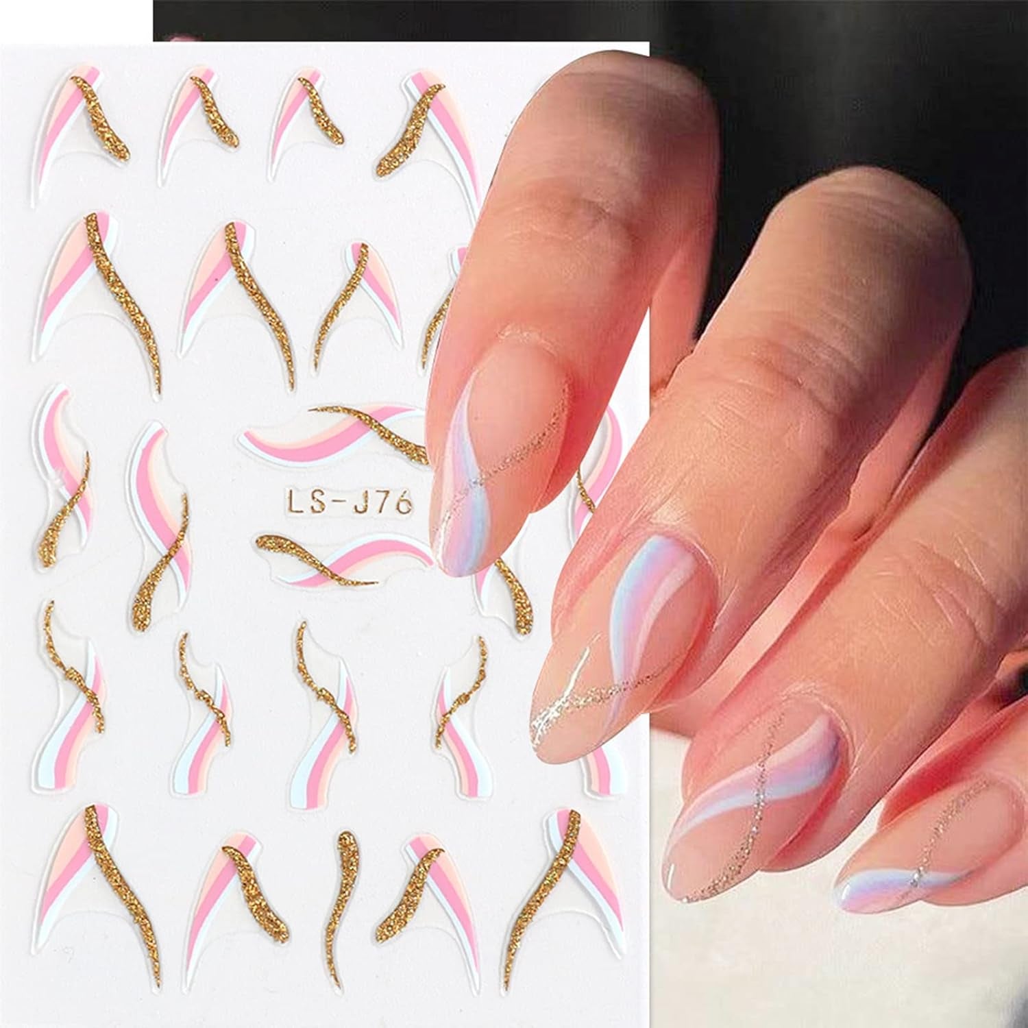 JMEOWIO Nagelsticker Französischer Tipp 9 Blatt Nail Art Sticker Selbstklebend Nagelaufkleber Glitzer Wellenlinie Dekoration Nageldesign Zubehör