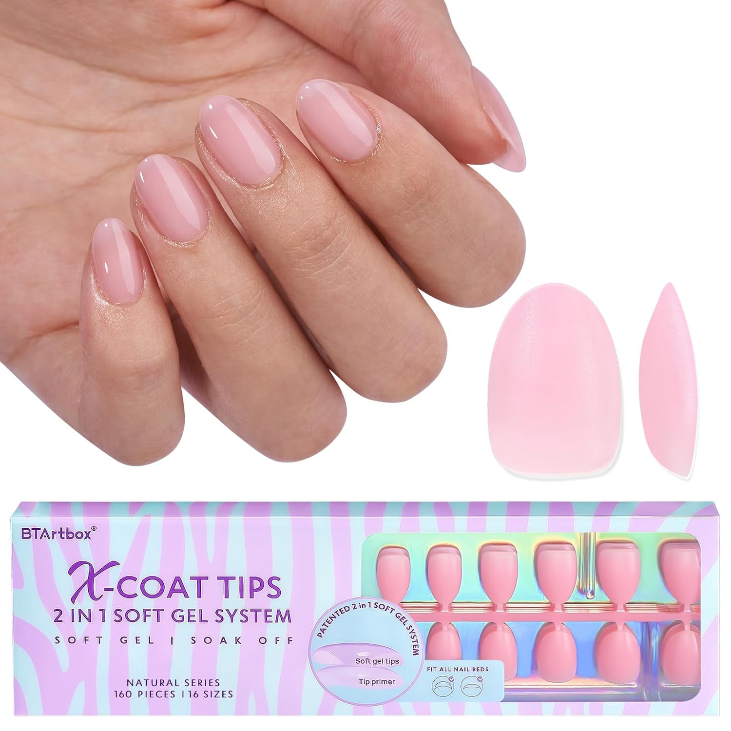 Btartbox Unghii Extra Scurte cu Gel Moale, Acoperire Completă, Tipuri de Unghii Scurte cu Formă de Migdale, 160 Bucăți, Unghii Artificiale XCOATTIPS PRE-PROIECTATE, Tipuri de Unghii Scurte cu Formă de Migdale pentru Extensii de Unghii
