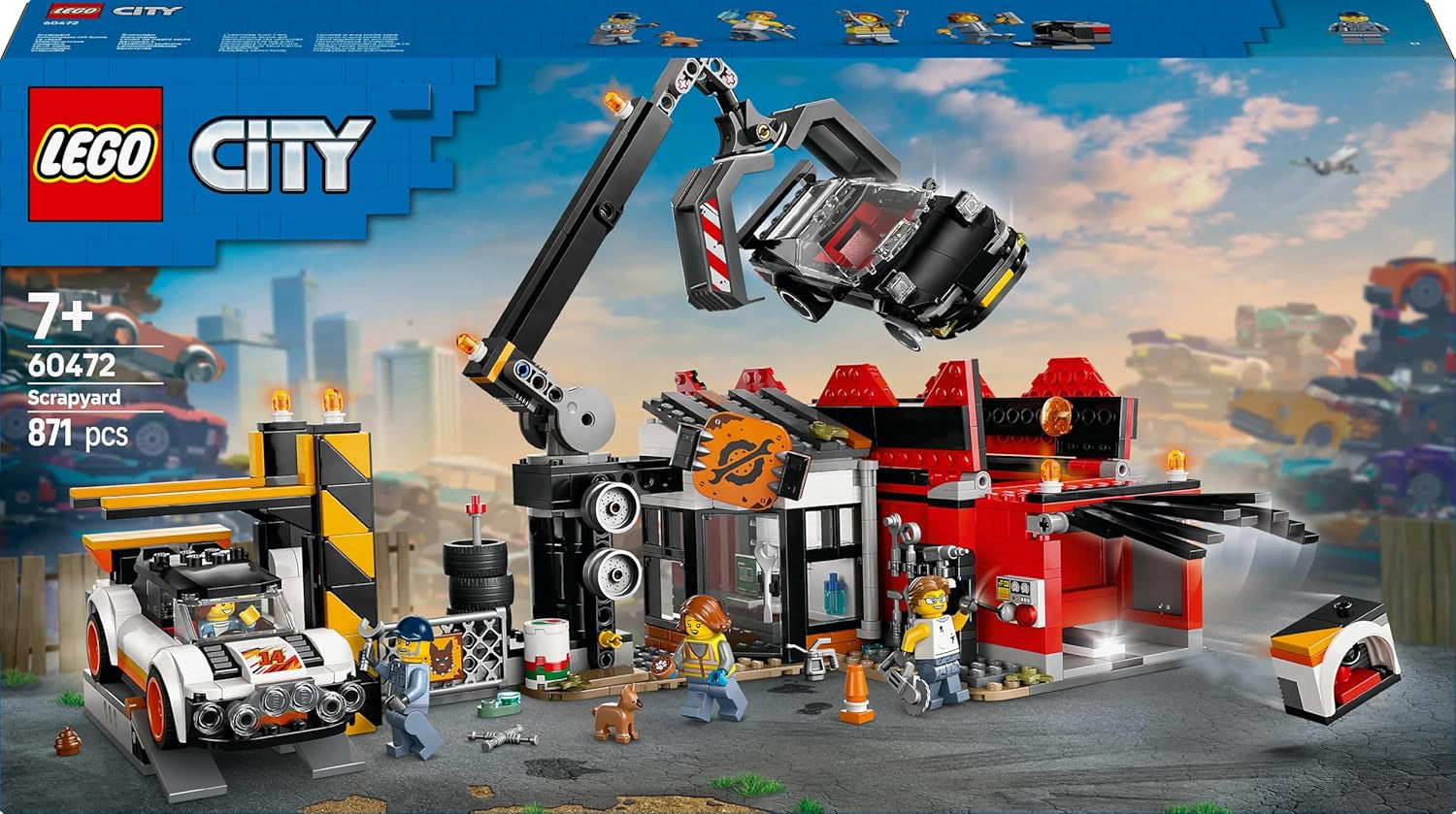 Depozit de fier vechi LEGO City cu mașini - jucărie cu presă de fier vechi și macara, 2 mașini de jucărie, 4 minifigurine muncitoare și clădire de birouri - cadouri aniversare pentru băieți și fete de la 8 ani 60472 Seturi de constructie Besuche den LEGO-Store