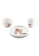 Set de veselă din porțelan Sterntaler, design rustic - Set de veselă cu bază din silicon antiderapantă și detașabilă - Veselă pentru bebeluși și copii cu farfurie, bol de 400 ml și cană de 200 ml, alb