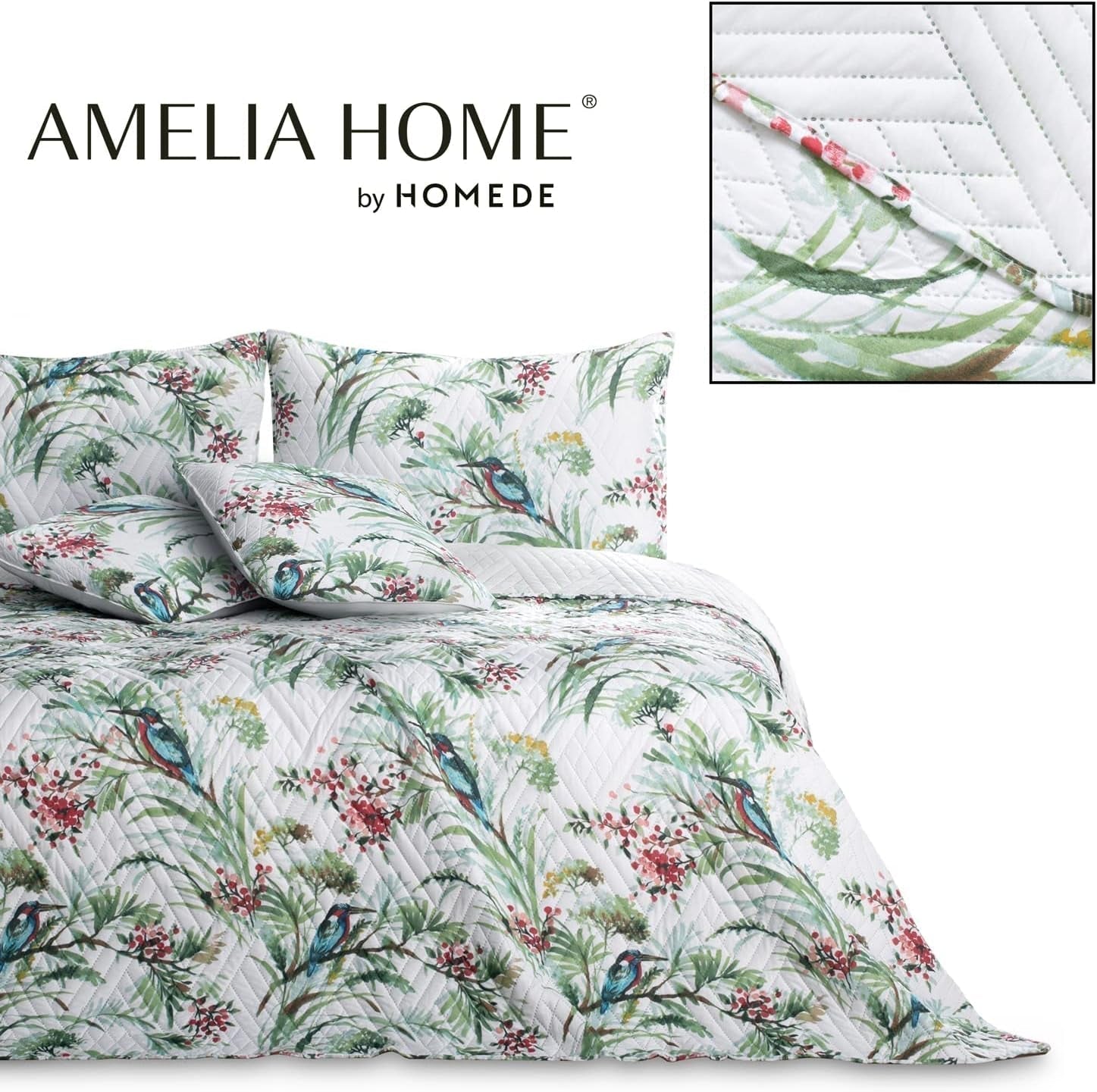 Ameliahome Cuvertură de pat Cuvertură de pat 260X280 Cm Două fețe Easy Care Quilting Model de plante Model de păsări Multicolor Kingfisher Paturi si Cuverturi Besuche den AmeliaHome-Store