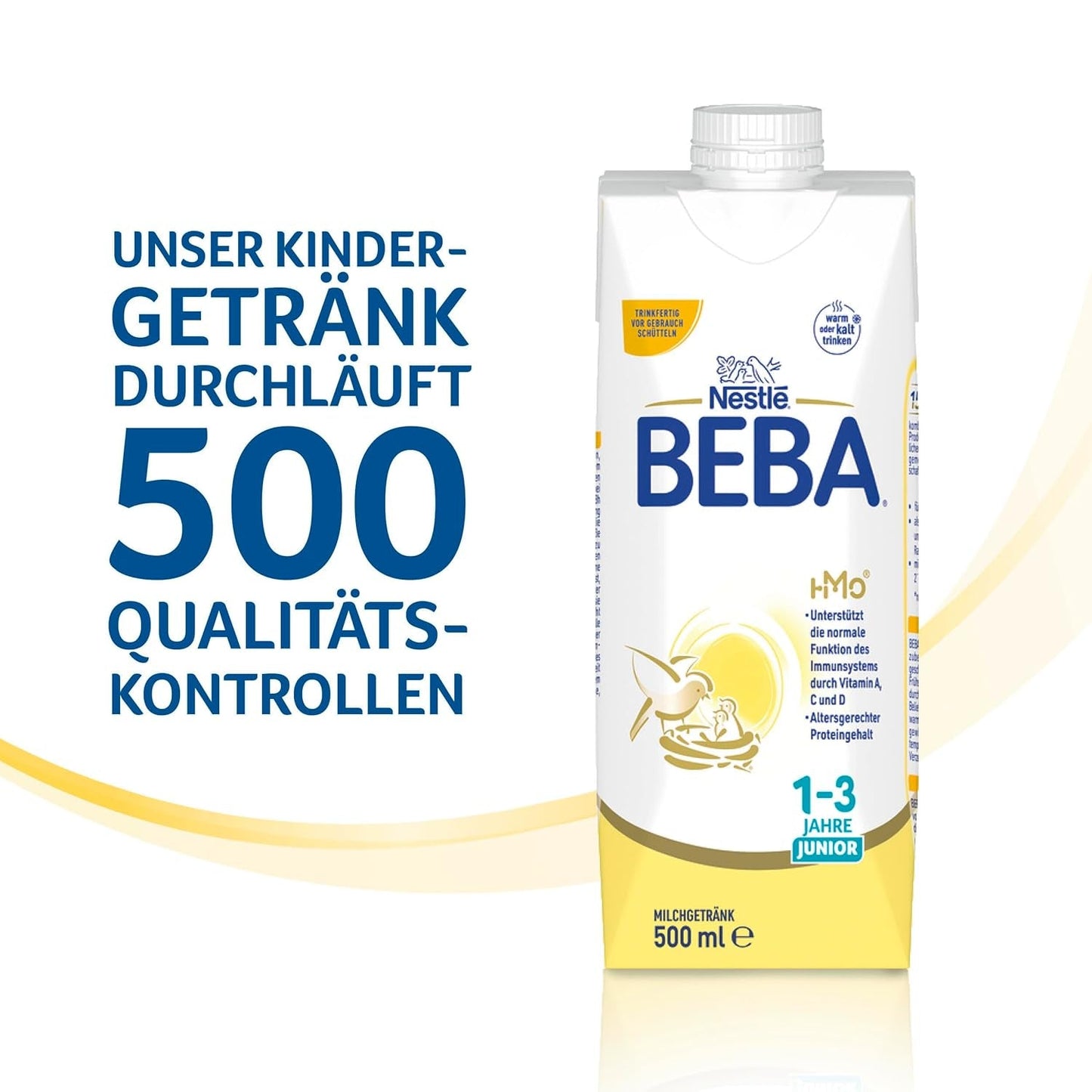 Băutură cu lapte gata de băut BEBA Junior 1-3 ani, cu HMO, conținut de proteine adecvat vârstei, fără ulei de palmier, fără ulei de pește, hrană pentru copii mici, pachet de 12 (12 x 500 ml)