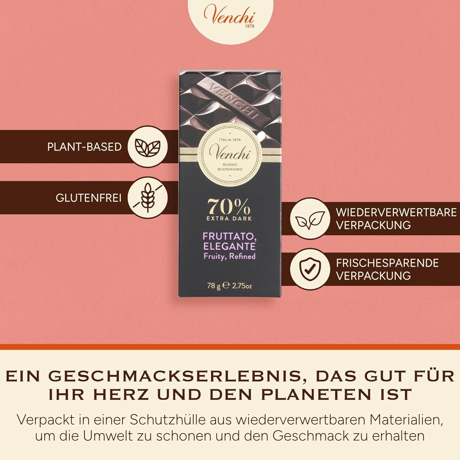 Venchi - Ciocolată neagră 70%, 78 g - Cu amestecuri de cacao selectate - Fără gluten - Vegan