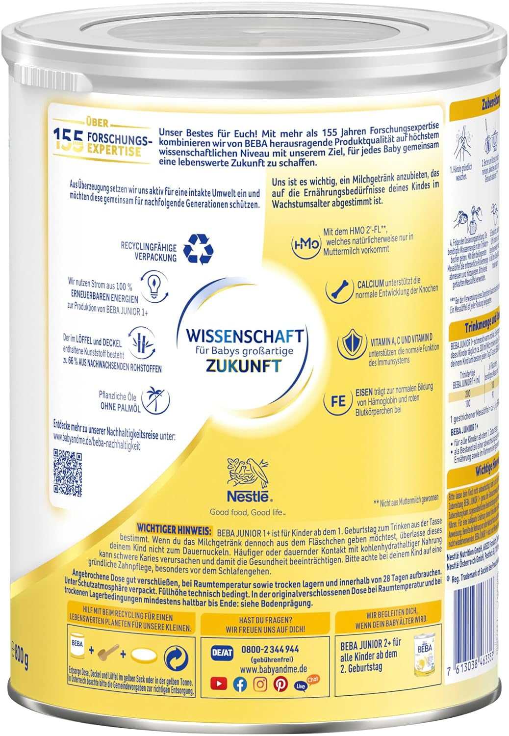 Băutură cu lapte BEBA Junior 1+ de la 1 an, Cu HMO, Conținut de proteine adaptat vârstei, Numai lactoză, Fără ulei de palmier, Fără ulei de pește, Hrană pentru copii mici, Lapte praf pentru bebeluși, Pachet de 6 (6 x 800g)