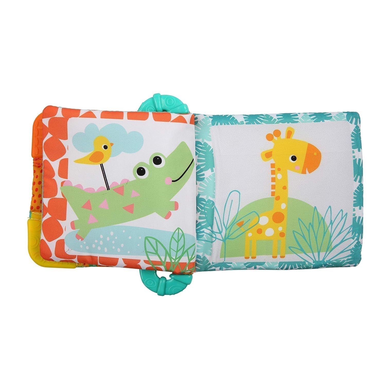Bright Starts, Teethe & Read, jucărie de prindere pentru carte din țesătură cu zăngănit și carte cu imagini cu animale din țesătură, carte cu zăngănit, inel de dentiție pentru calmarea gingiilor, jucărie pentru bebeluși și copii mici de la 3 luni Jucarii Bebe Naty Shop