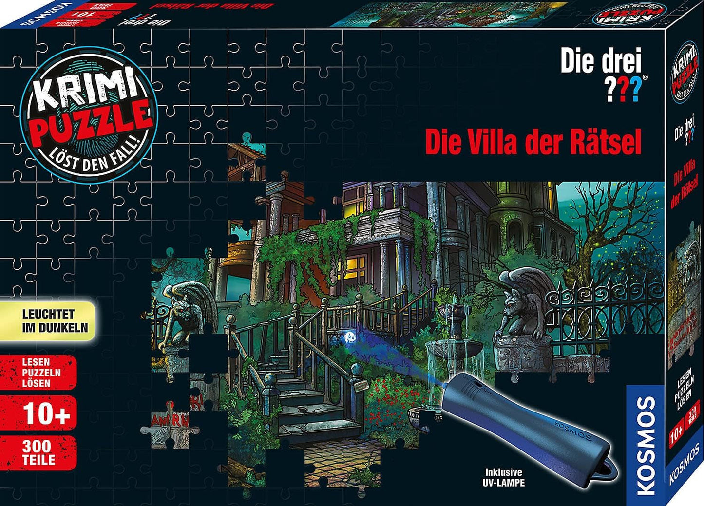 The Three ??? - Crime Puzzle - The Villa of the Puzzles By KOSMOS 697976, 300 piese, Strălucește în întuneric, Cu lampă UV, Citire, Puzzle, Rezolvarea puzzle-urilor, Puzzle detectiv De la 10 ani Puzzle Naty Shop Titlu implicit
