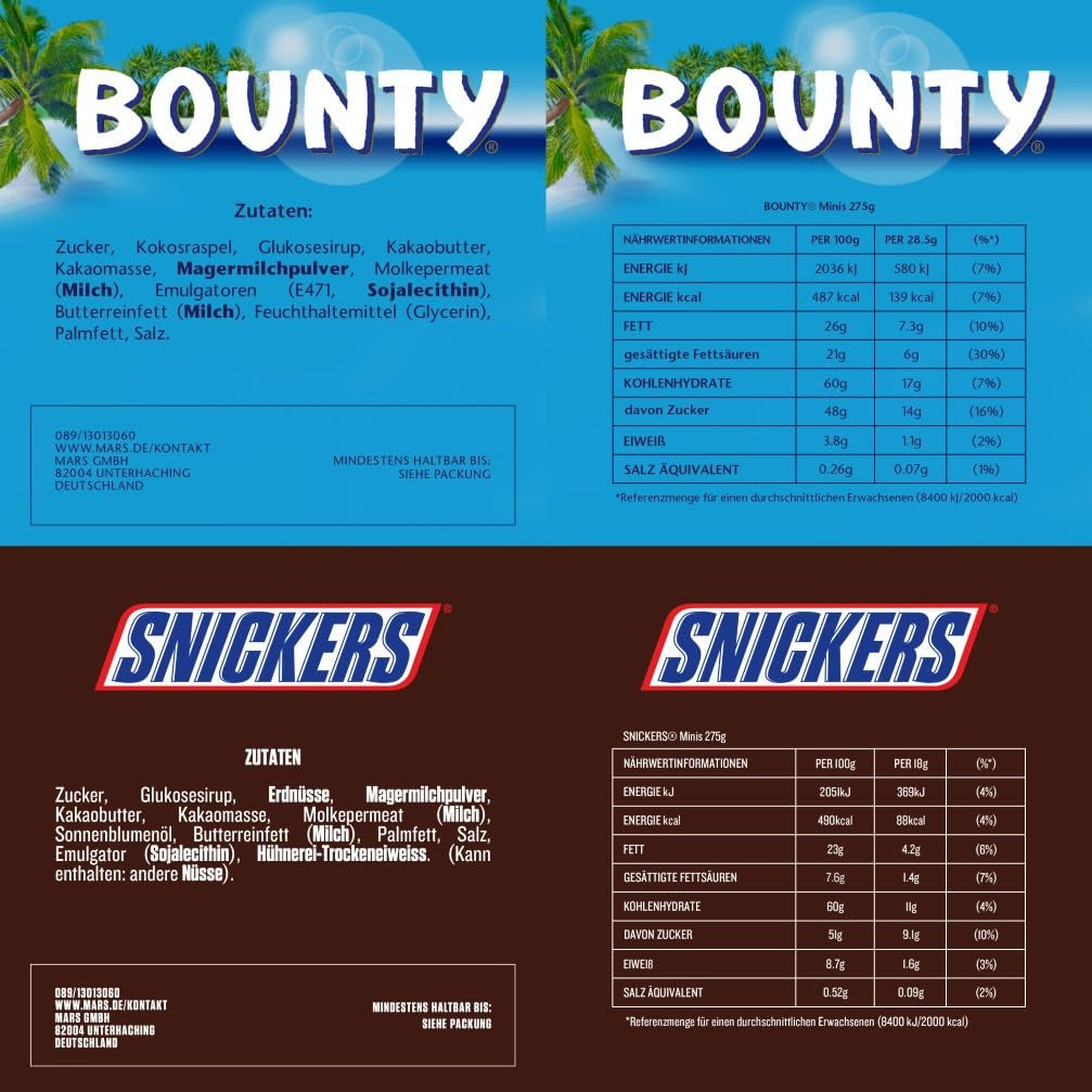 Pachet vrac cu mini ciocolată mixtă, 20 de mini gustări de ciocolată (Mars, Snickers, Bounty, Twix, Milky Way), ca bomboane, cadou de ciocolată, cutie de bomboane, 400g