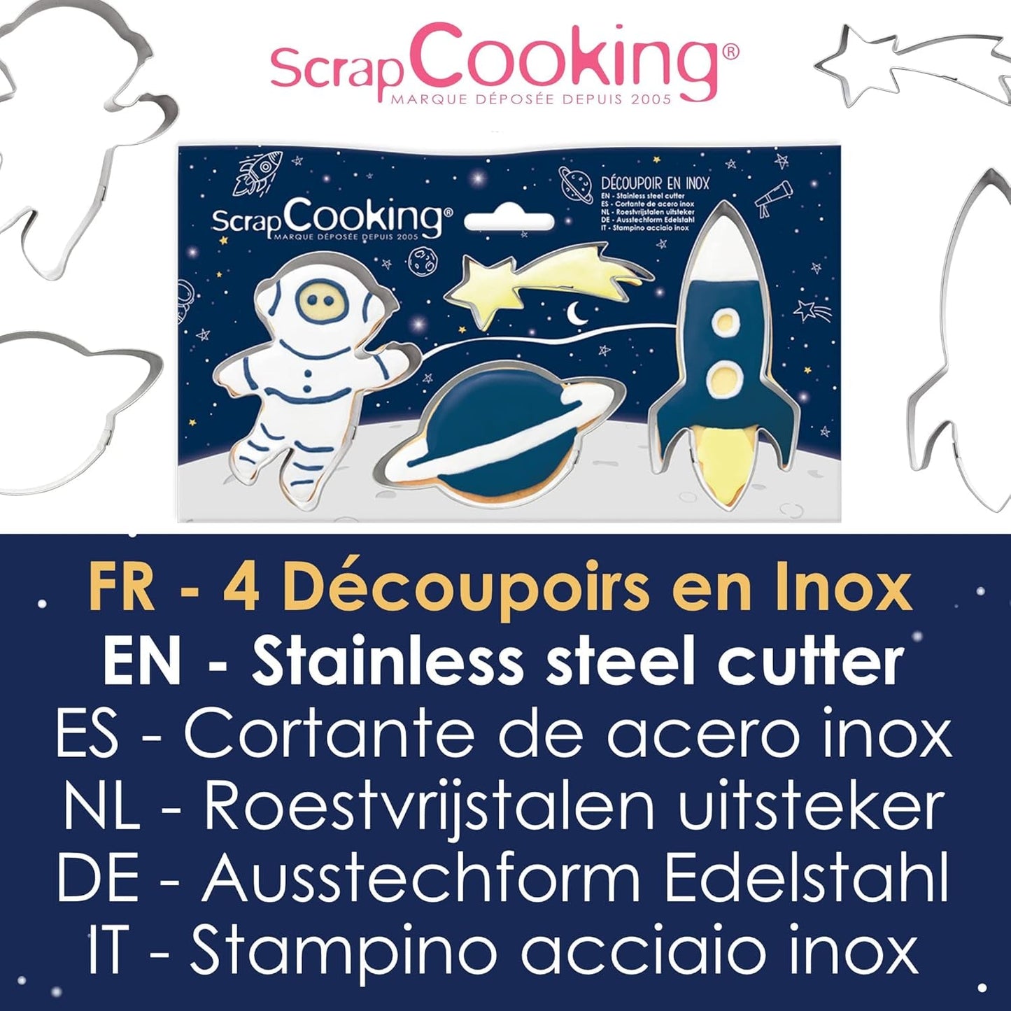 ScrapCooking – 4 Ausstechformen für Plätzchen, aus Edelstahl – Astronaut, Sternschnuppe, Rakete, Planeten – Formen für kleine Kuchen – Zubehör zum Backen Geburtstag Deko – 2084