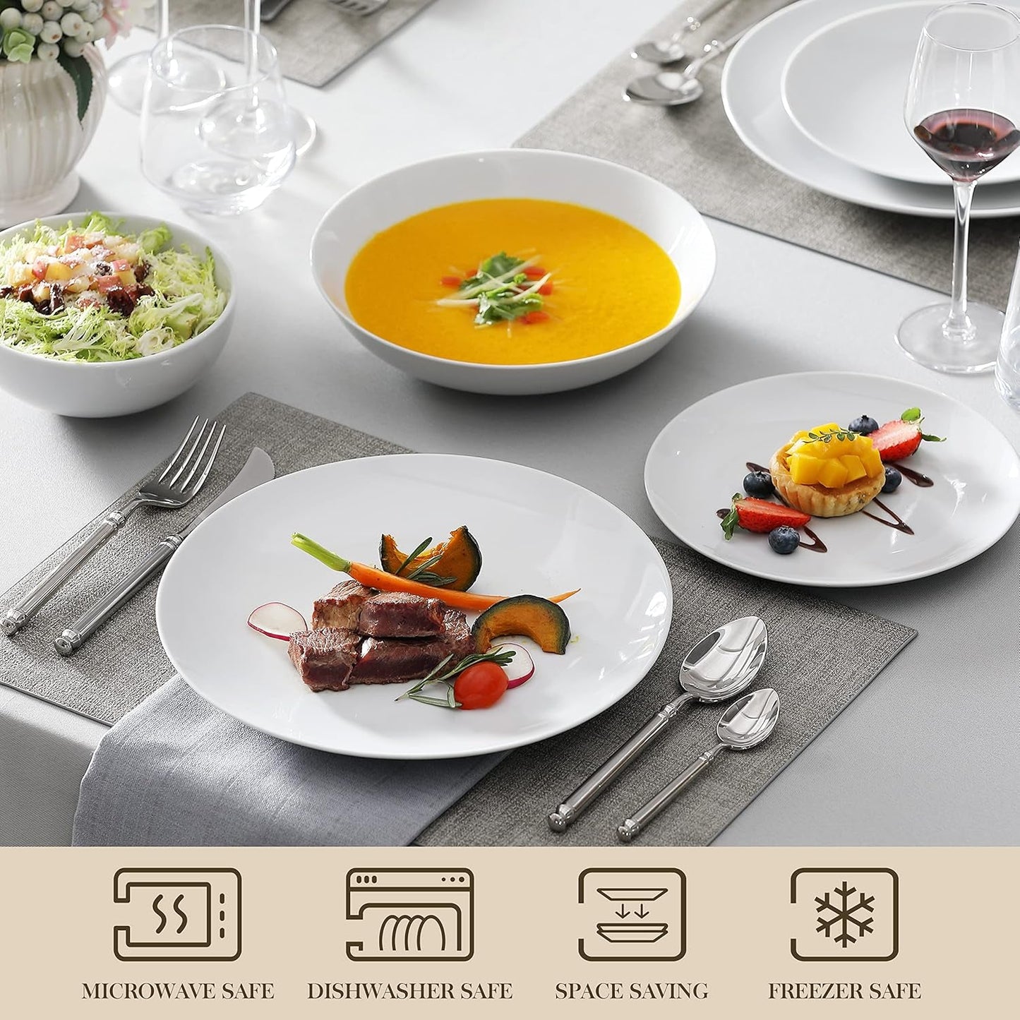 Set de veselă MALACASA pentru 12 persoane, Set de veselă modern din porțelan Amelia, 48 de piese, Serviciu de masă cu 12 farfurii de cină, farfurii de desert, farfurii de sumă și boluri pentru cereale, Set de farfurii modern pentru 12 persoane - Alb