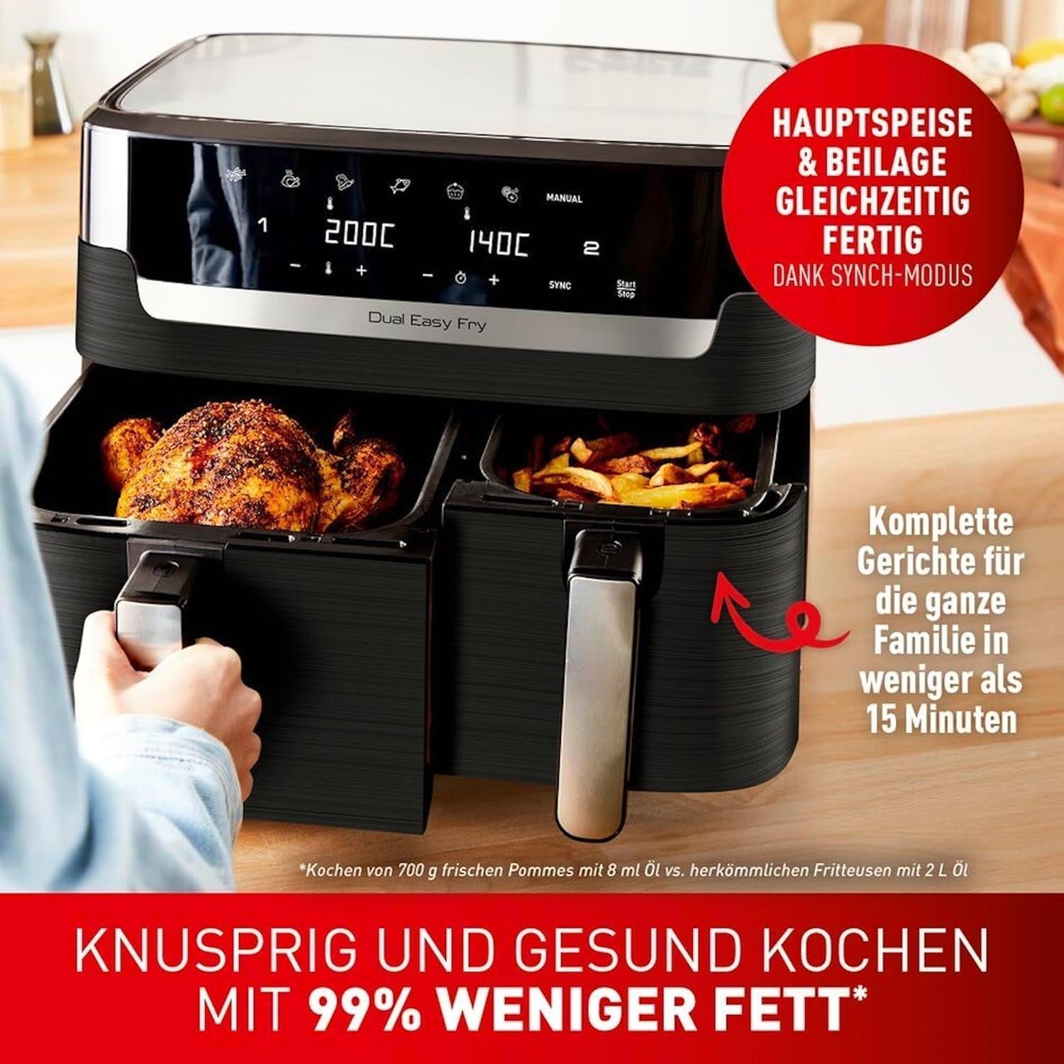 Tefal Dual Easy Fry Hot Air Fryer cu două camere, capacitate de 5,2/3,1 litri, două sertare independente, 7 programe Electrocasnice Naty Shop