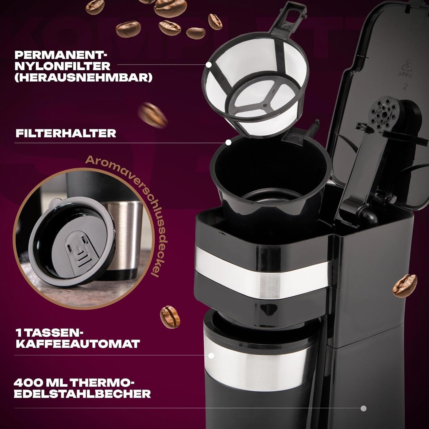 Espressor Clatronic | Cană de călătorie 400 ml | Compatibilă cu toate suporturile de pahare standard (de exemplu, pentru mașină) | Espressor cu filtru | Filtru permanent din nailon | Cană din oțel inoxidabil cu capac pentru aromă | KA 3733