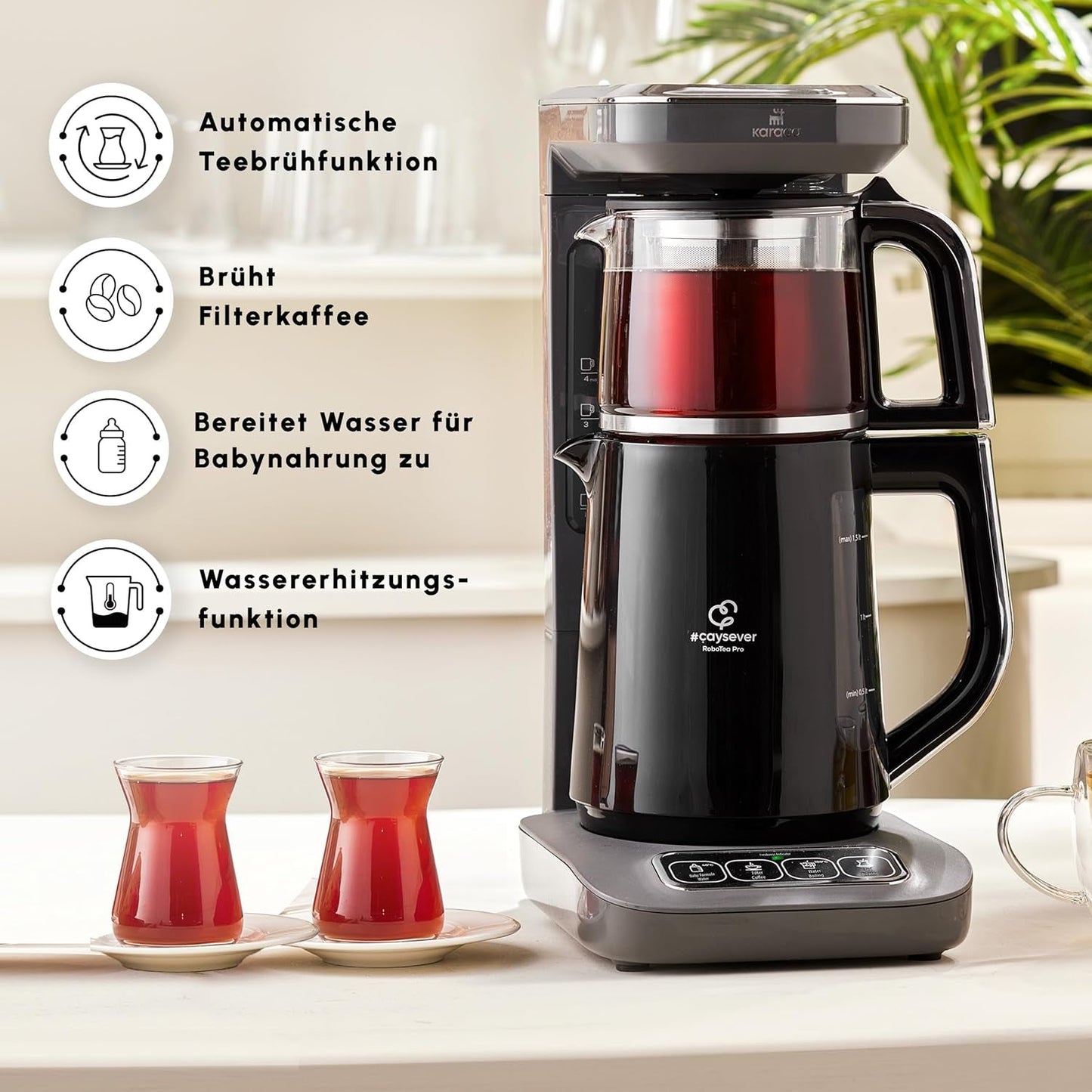 Karaca Caysever Robotea Pro Aparat de ceai automat vorbitor 4 în 1 cu filtru, încălzitor de terci și aparat de ceai la ibric, 2500 W, ceainic turcesc gri spațial
