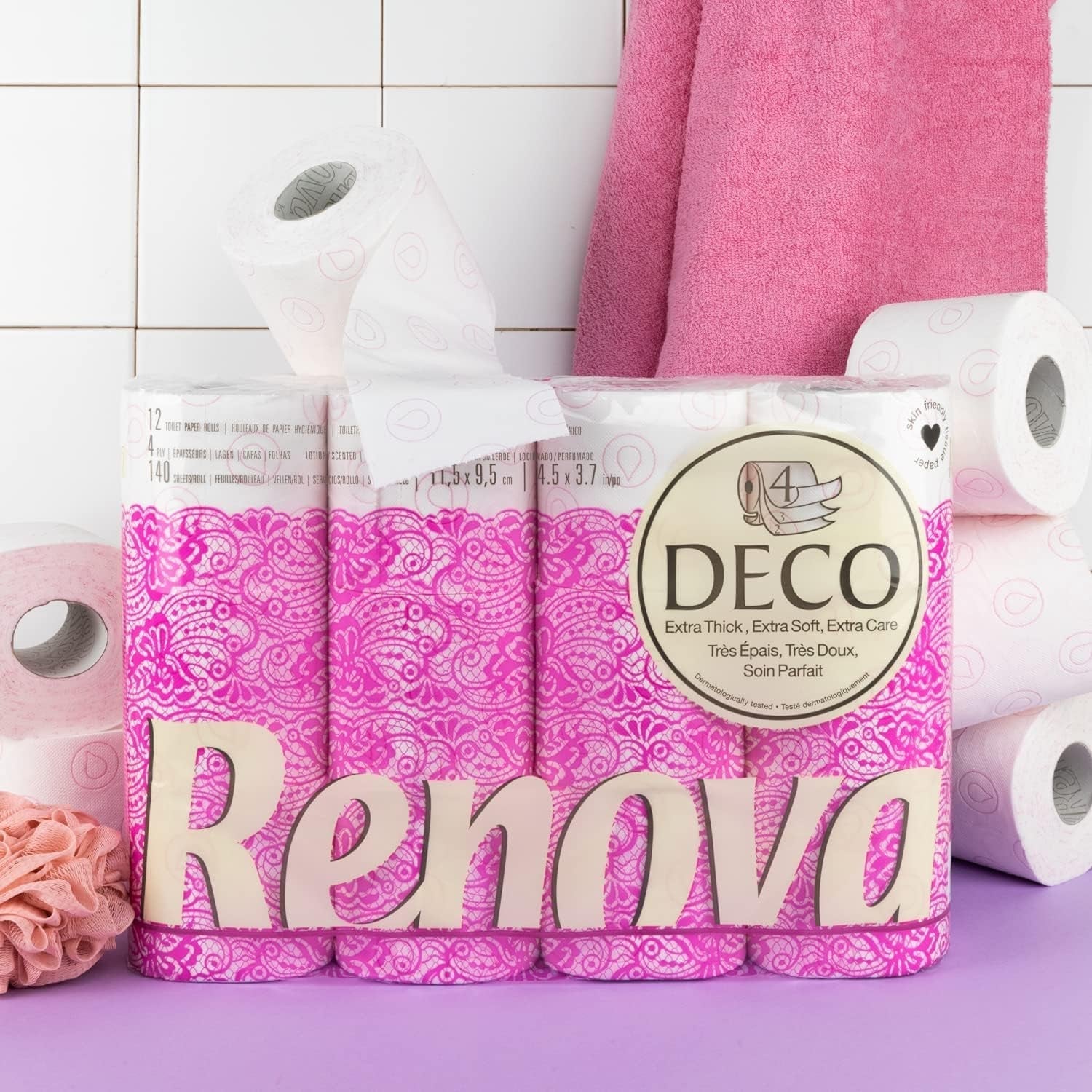 Hârtie igienică Renova 4 straturi albă decorată parfumată - 12 role rolă Blanco Decorado Perfumado
