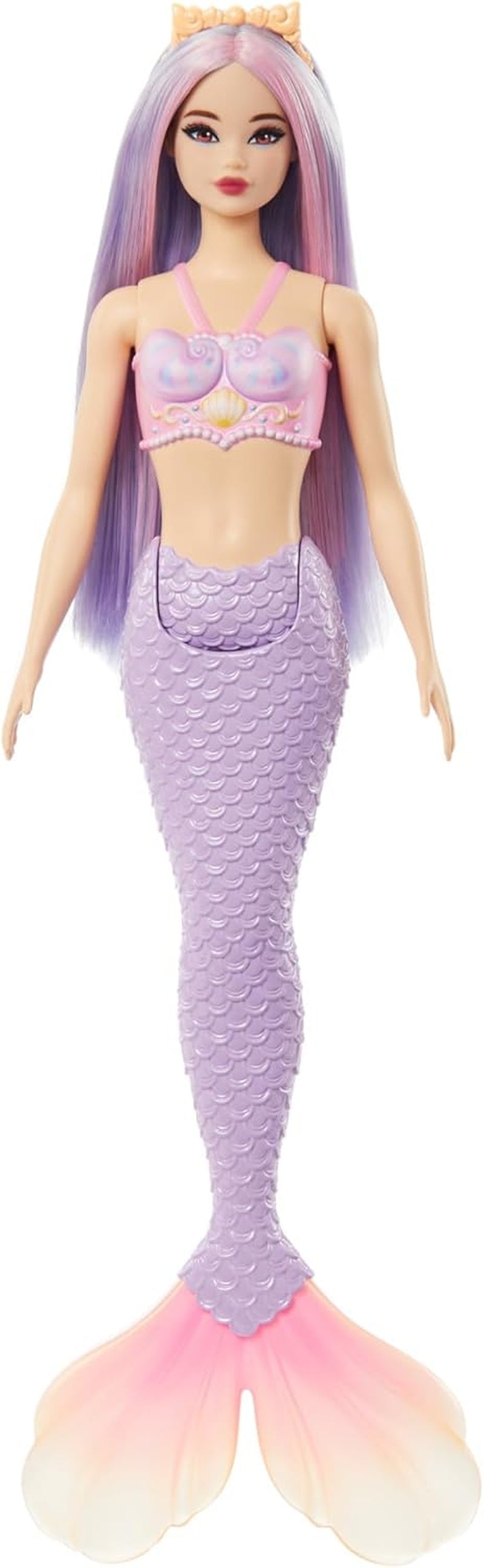 Păpușă sirenă Barbie cu păr fantezie în roz și lila cu bentiță, păpușă cu partea de sus din scoică și aripioară din coadă albastru lavanda, HRR06 Papusi Naty Shop Sirenă cu aripioare de coadă albastru lavanda