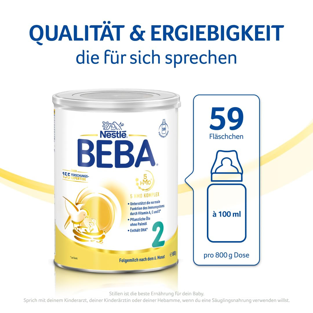 BEBA 2 - Lapte de continuare după 6 luni, cu complex 5 HMO, conținut proteic adecvat vârstei, fără lactoză, fără ulei de palmier, fără ulei de pește, hrană pentru bebeluși, lapte praf pentru bebeluși, pachet de 3 (3 x 800g)