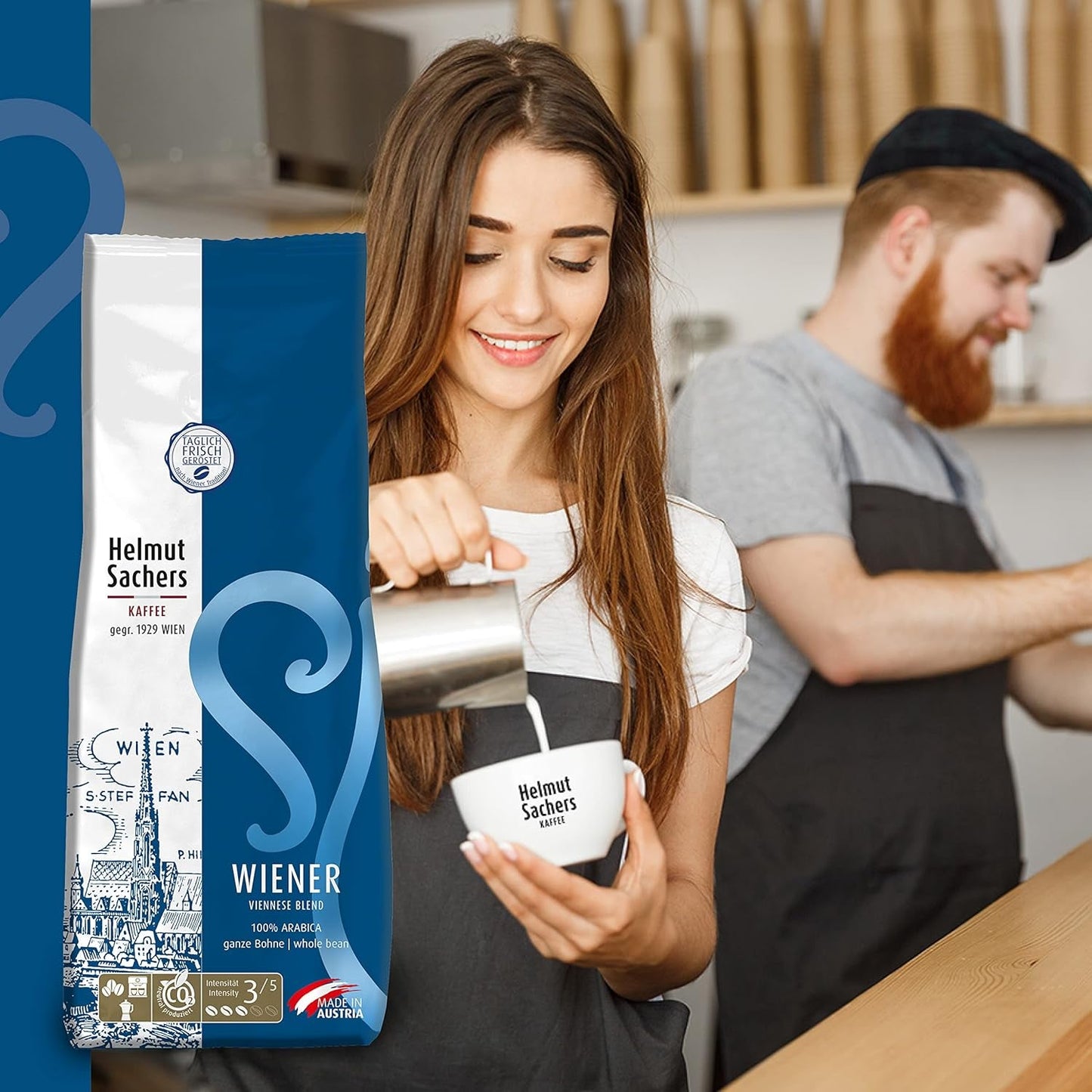 Helmut Sachers Kaffee - Wiener Mischung, Wiener Melange Kaffee aus erstklassigen Hochland Arabica Bohnen, nachhaltig geröstet in Österreich - ganze Kaffeebohnen, 500g