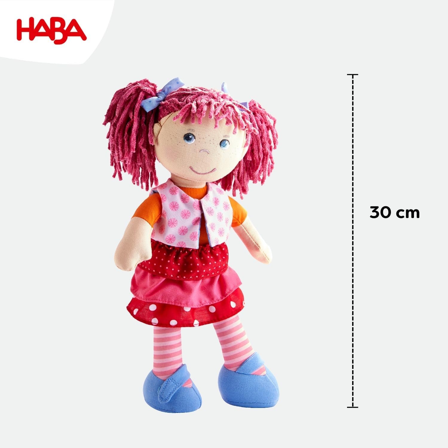 Păpușa HABA Lilli-Lou – Păpușă moale din pânză de la 18 luni – 30 cm cu haine și păr – Tovarășă de joacă ideală pentru copii mici – 1302842001