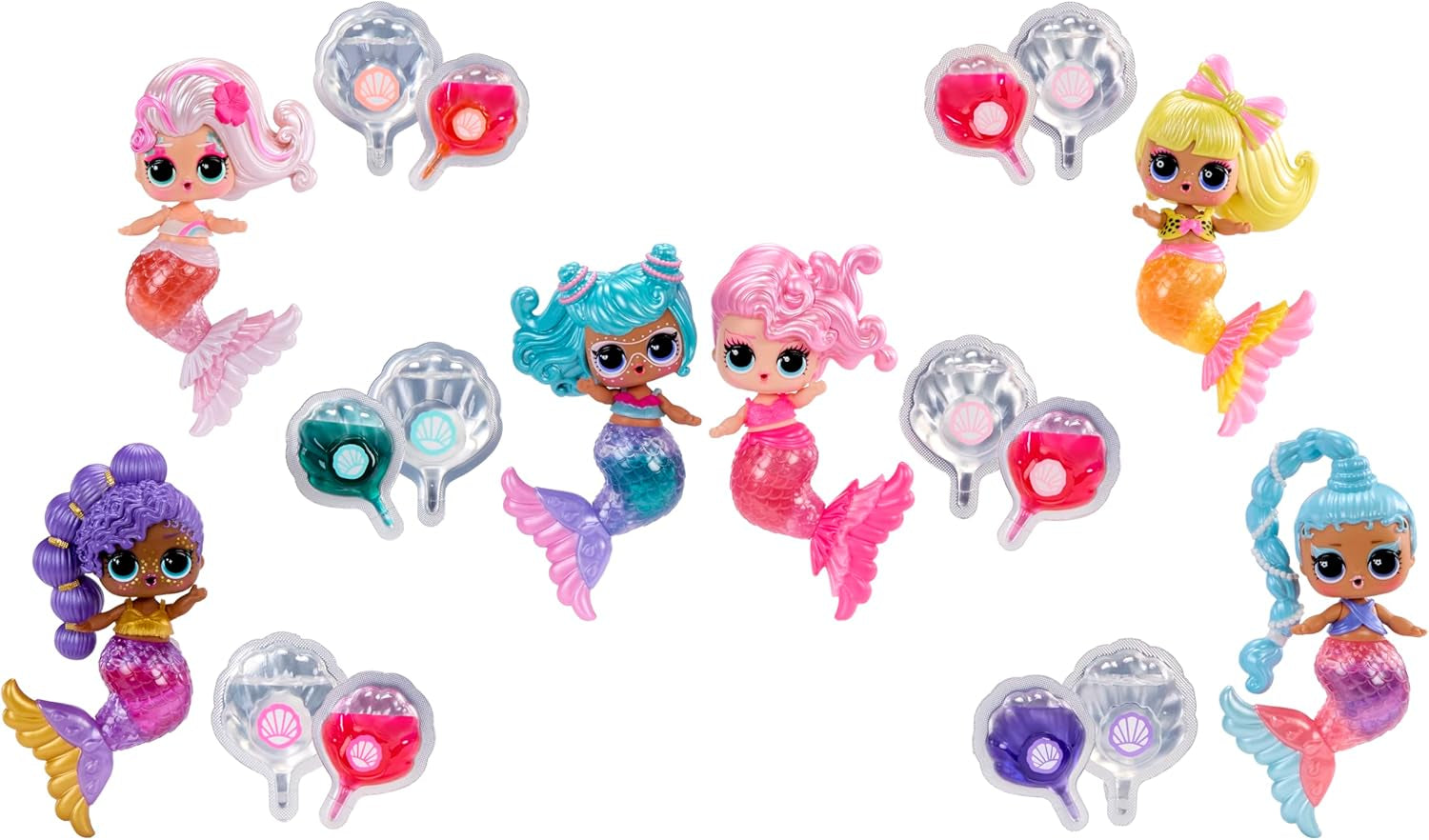 LOL Surprise! Mermaids Makeover Magic Tots – Luciu de buze adevărat pentru tine și păpușa ta, pentru a te crea singur, a amesteca și a crea machiaj, Joc distractiv cu apă, 6 păpuși de colecționat – Vârste 4+