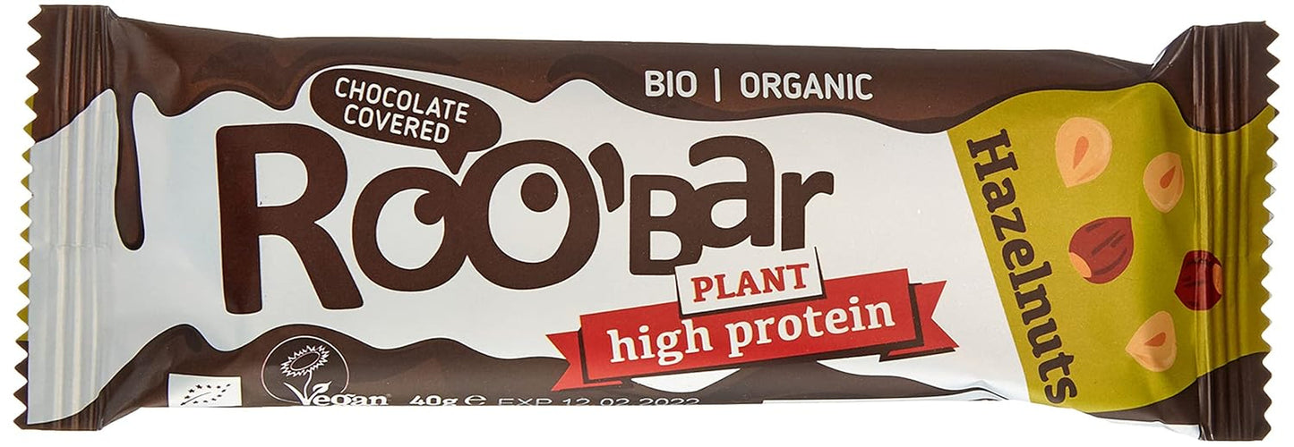 Batoane cu alune de pădure bogate în proteine și glazură de ciocolată – 100% organice, vegane, batoane cu fructe, fără lactate și gluten, fără zahăr rafinat – 16 batoane x 40g