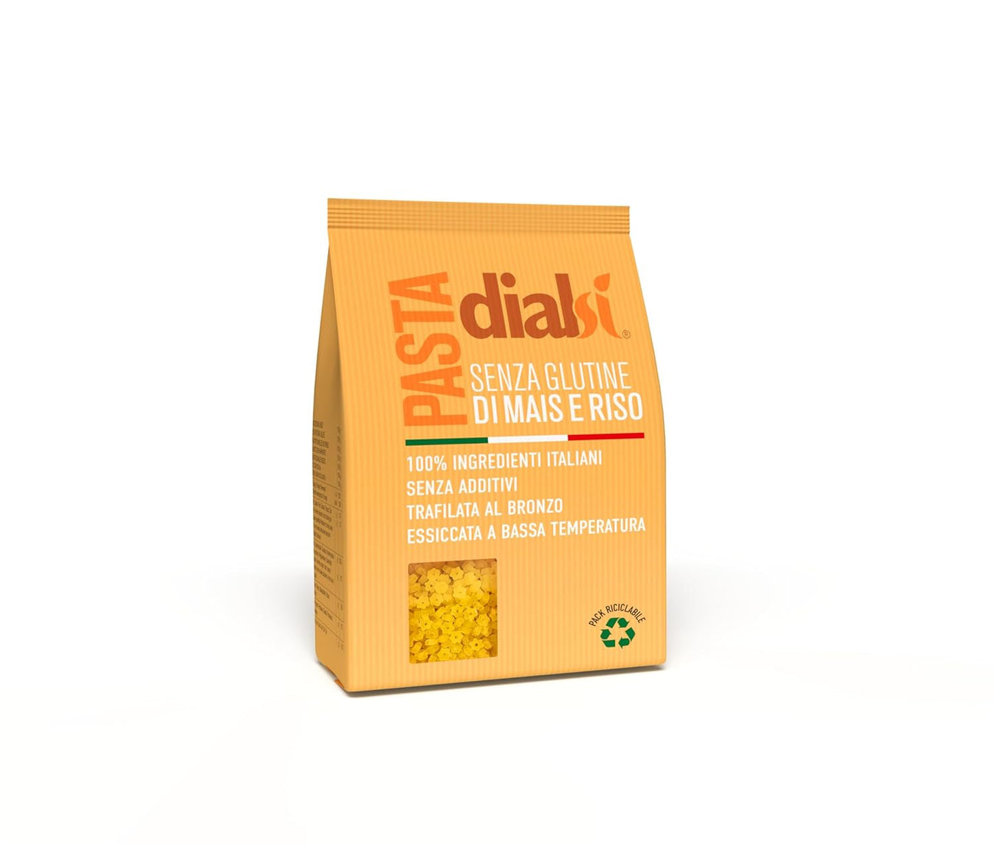 Paste Dialsi în formă de stea, paste fără gluten din porumb și orez, trase în bronz, ingrediente 100% italiene, fără aditivi, se gătește în 8-9 minute, pachet de 300g