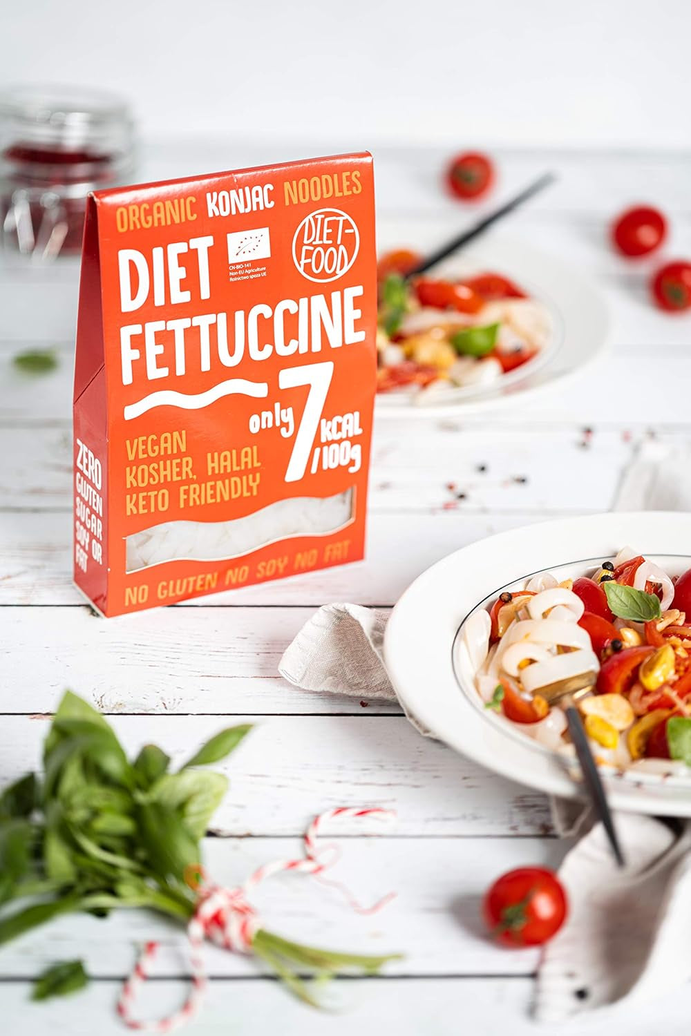 Tăiței Fettuccine Konjac Bio Shirataki Diet-Food - 300g, cu conținut scăzut de carbohidrați, fără zahăr, keto, vegan, cu conținut scăzut de calorii, fără gluten și fără ouă, preparați din făină de Konjac
