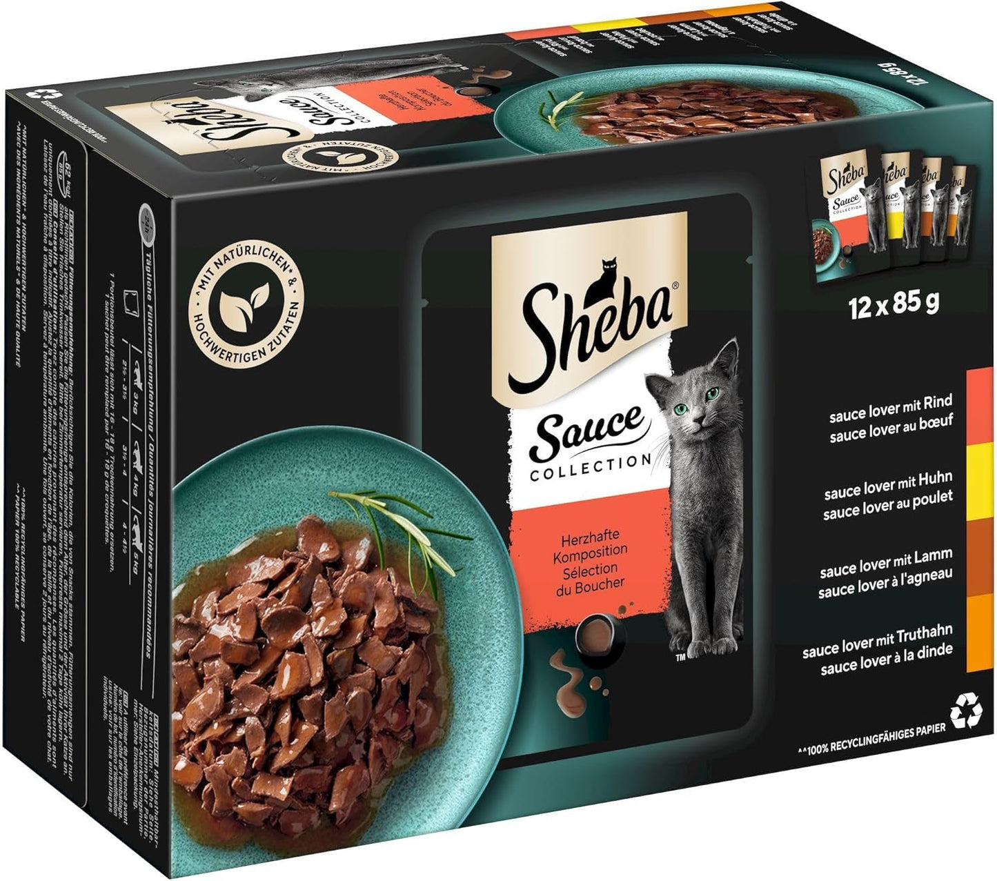 Hrană umedă pentru pisici Sheba Sauce Collection, în pliculețe porționate, pachet multiplu cu compoziție sărată, 4x12x85g