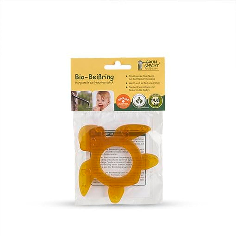 Inel de dentiție organic GRÜNSPECHT din cauciuc natural pentru bebelușii care își erup dentiția, masează gingiile, fără BPA, moale, promovează motricitatea fină, Broască țestoasă (639-V2), Maro