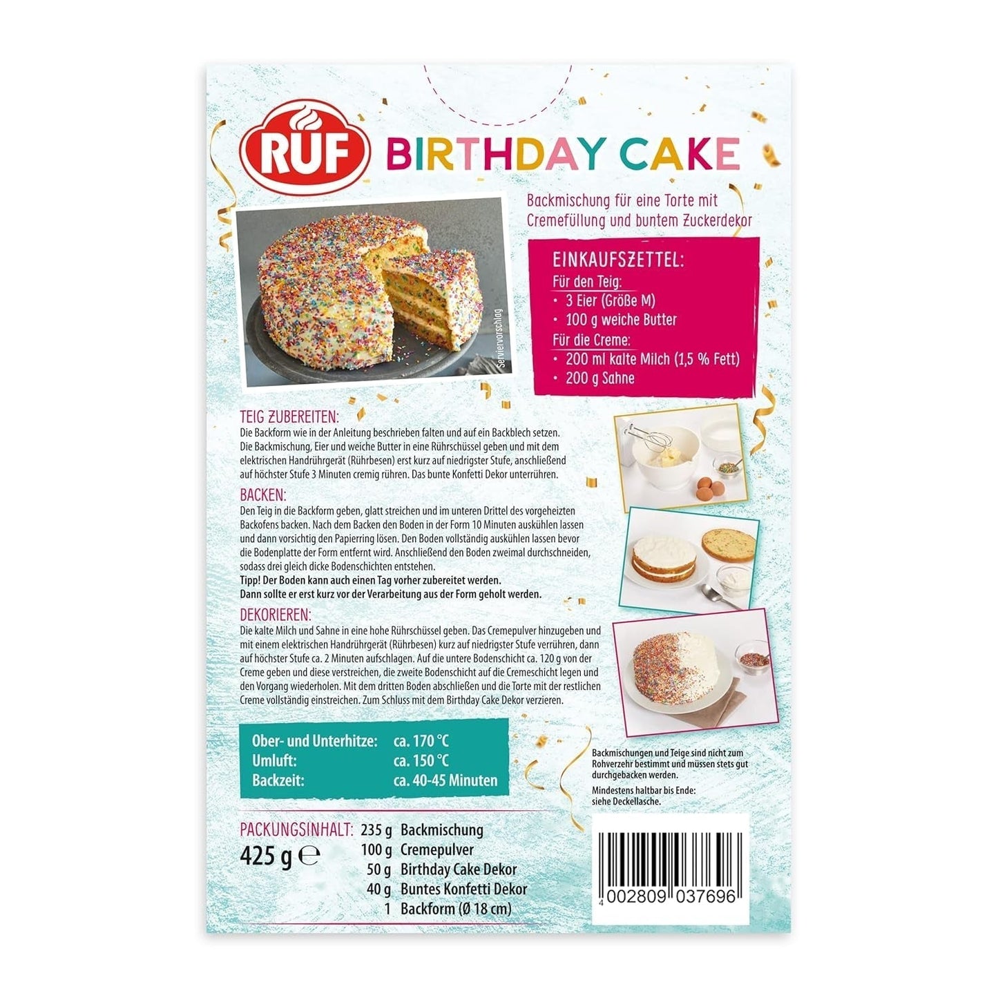 RUF Birthday Cake, Geburtstagskuchen, Schicht-Torte Aus Rührteig Und Konfetti-Streusel, Tortencreme Und Buntem Dekor-Mix, Für Kindergeburtstag, Familienfeier, Einschulung, 1X425G Glazuri si Decor Naty Shop