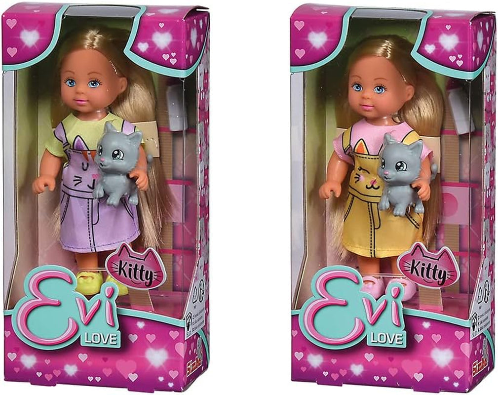 Simba 105733591 - Evi Love Kitty, asortat în 2 moduri, va fi livrat doar UN articol, păpușă într-o rochie drăguță de pisică cu pisoi și sticlă de băut, păpușă de joacă de 12 cm, vârste 3+