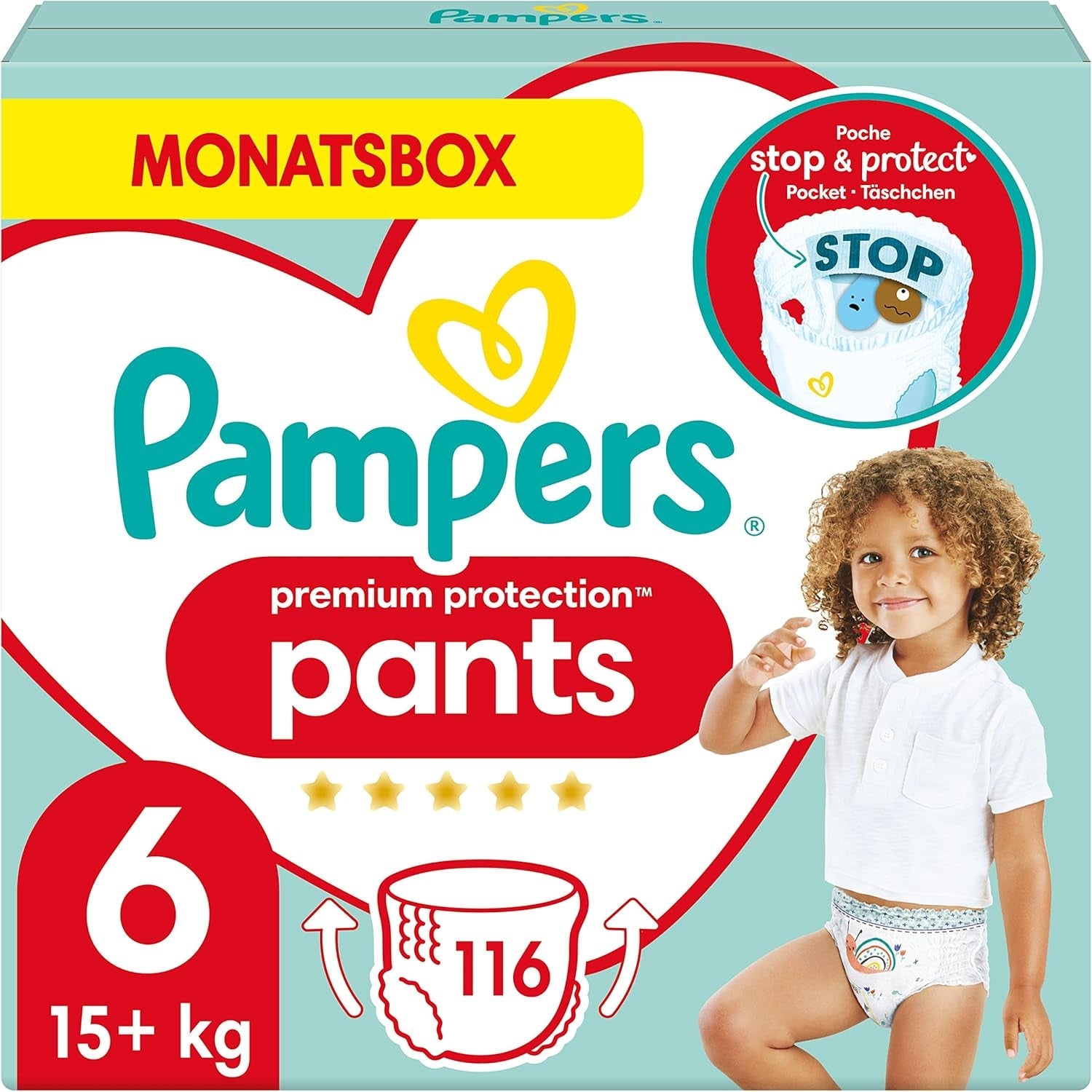 Scutece Pampers Premium Protection Pants mărimea 7, 123 scutece, 15 kg+, cu ajustare la 360° și manșete moi anti-scurgere pentru confort și protecție optime
