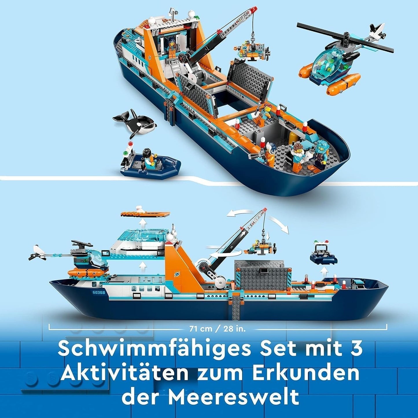 LEGO City Arctic Research Ship, barcă mare de jucărie plutitoare cu elicopter, barcă pneumatică, submarin Rov, epavă vikingă, 7 minifigurine și figură Orca, cadou pentru copii cu vârsta de 7+ 60368 Seturi de constructie Besuche den LEGO-Store