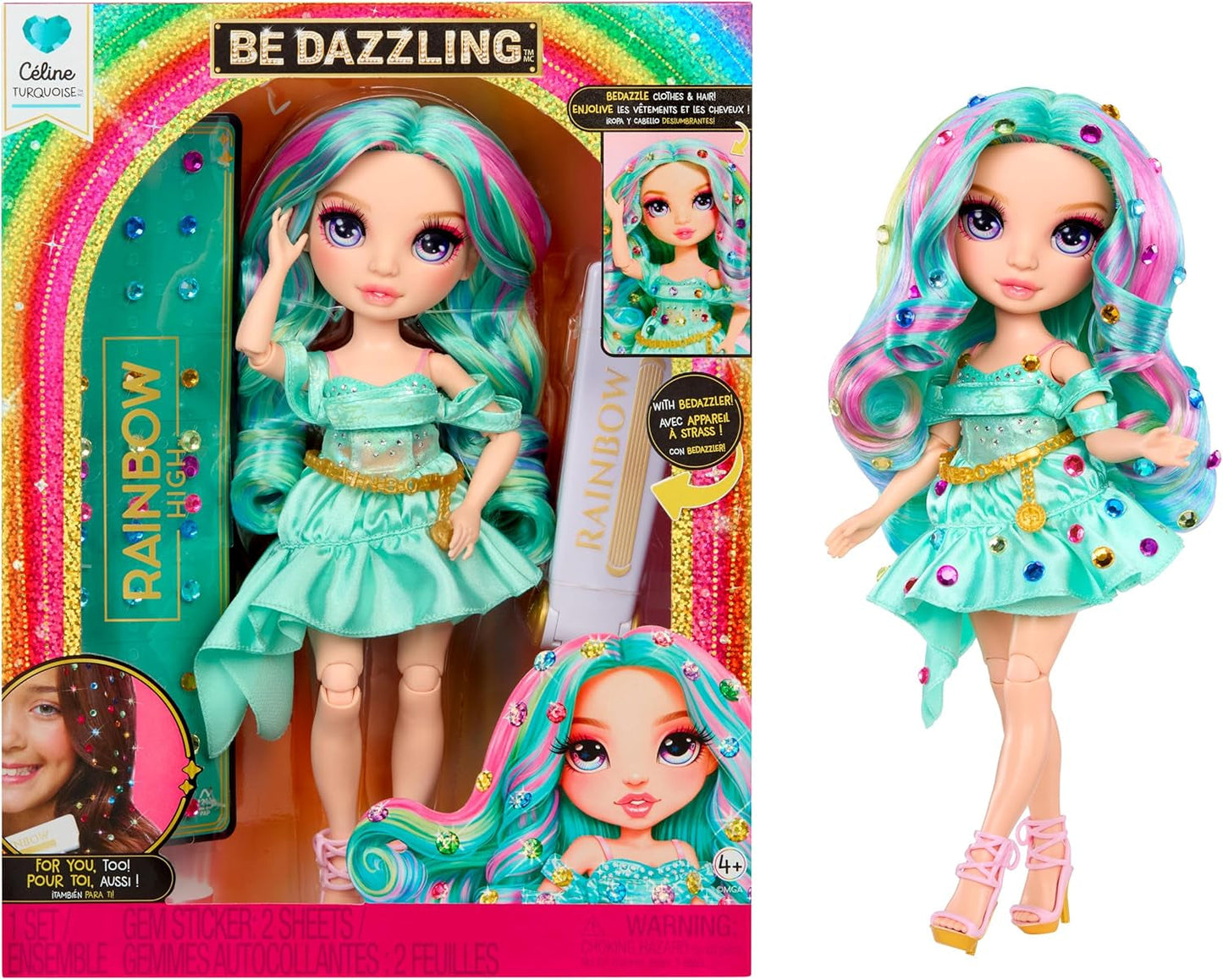 Păpușă de modă Rainbow High Be Dazzling – Celine Turquoise – Albastru-Verde, 28 cm, cu unealtă de decorat, pietre prețioase strălucitoare și accesorii de styling