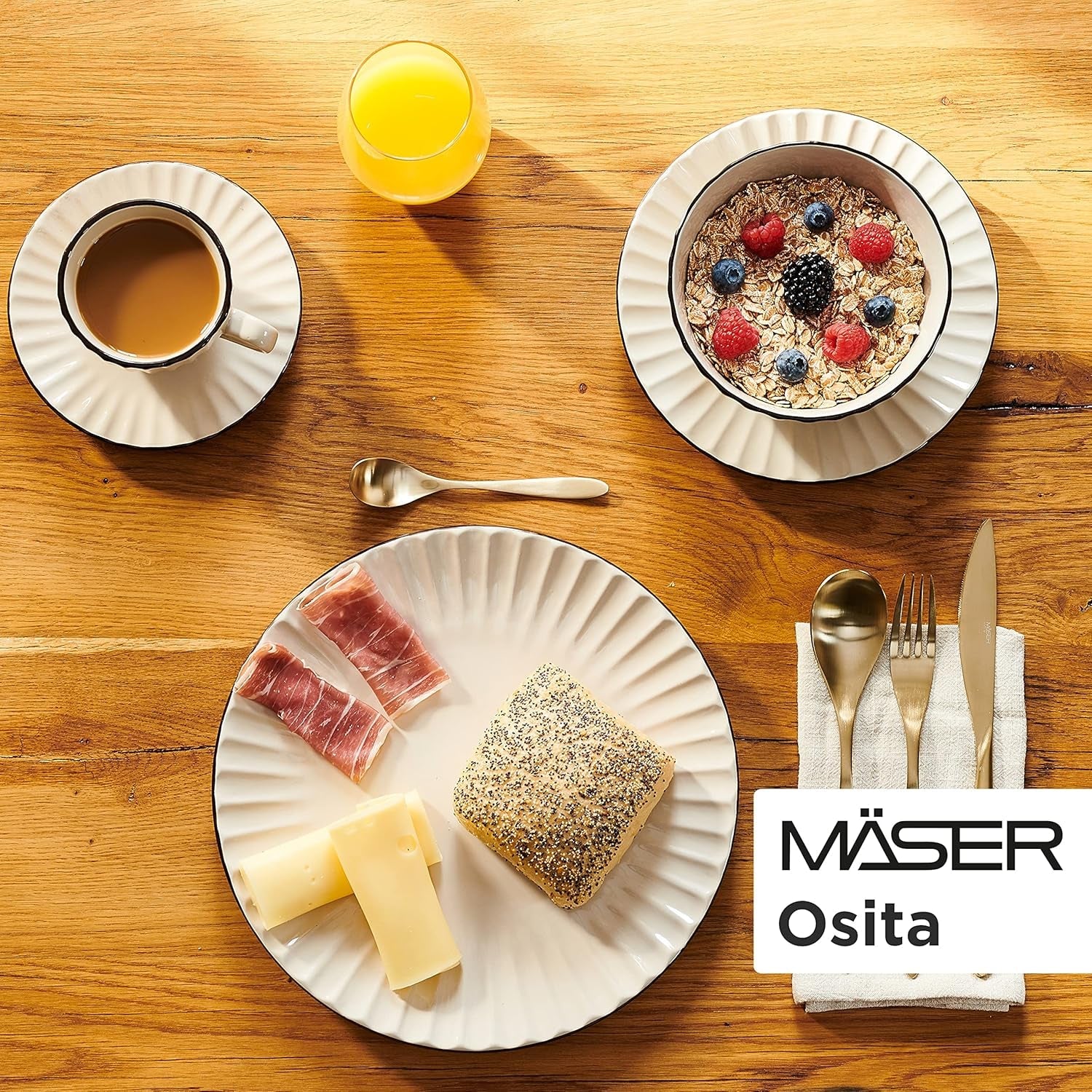 MÄSER 931967 Set de veselă Osita Retro Series pentru 6 persoane în formă de val, set de veselă rotundă cu 18 piese, farfurii de cină, farfurii de desert și boluri pentru cereale, ceramică, alb crem