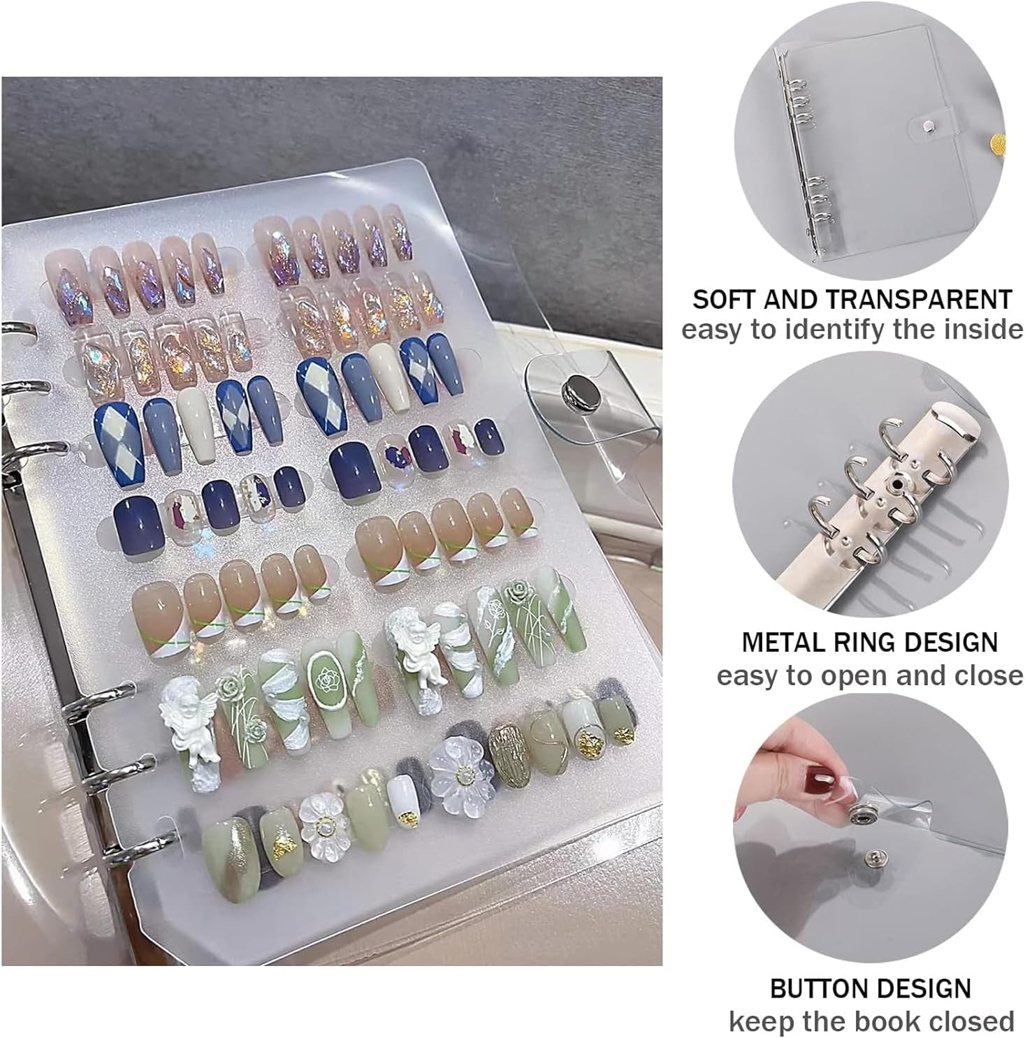 Set organizator unghii A5 cu sistem de închidere cu capse și foi detașabile – Cutie transparentă robustă + 6 tampoane adezive și carte de depozitare detașabilă pentru unghii artificiale/adezive – Ideal pentru depozitare, prezentare
