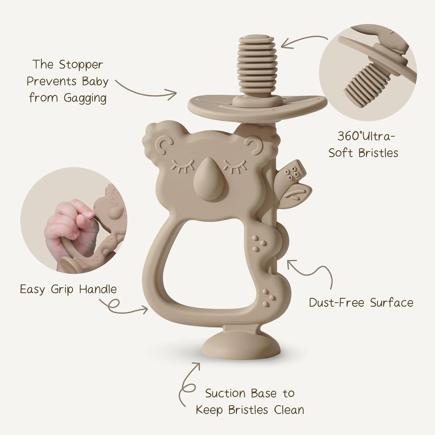 Jucărie de dentiție Moonkie din silicon fără BPA, periuță de dinți pentru bebeluși cu ventuză și rotire la 360°, ideală pentru bebelușii de 6-12 luni
