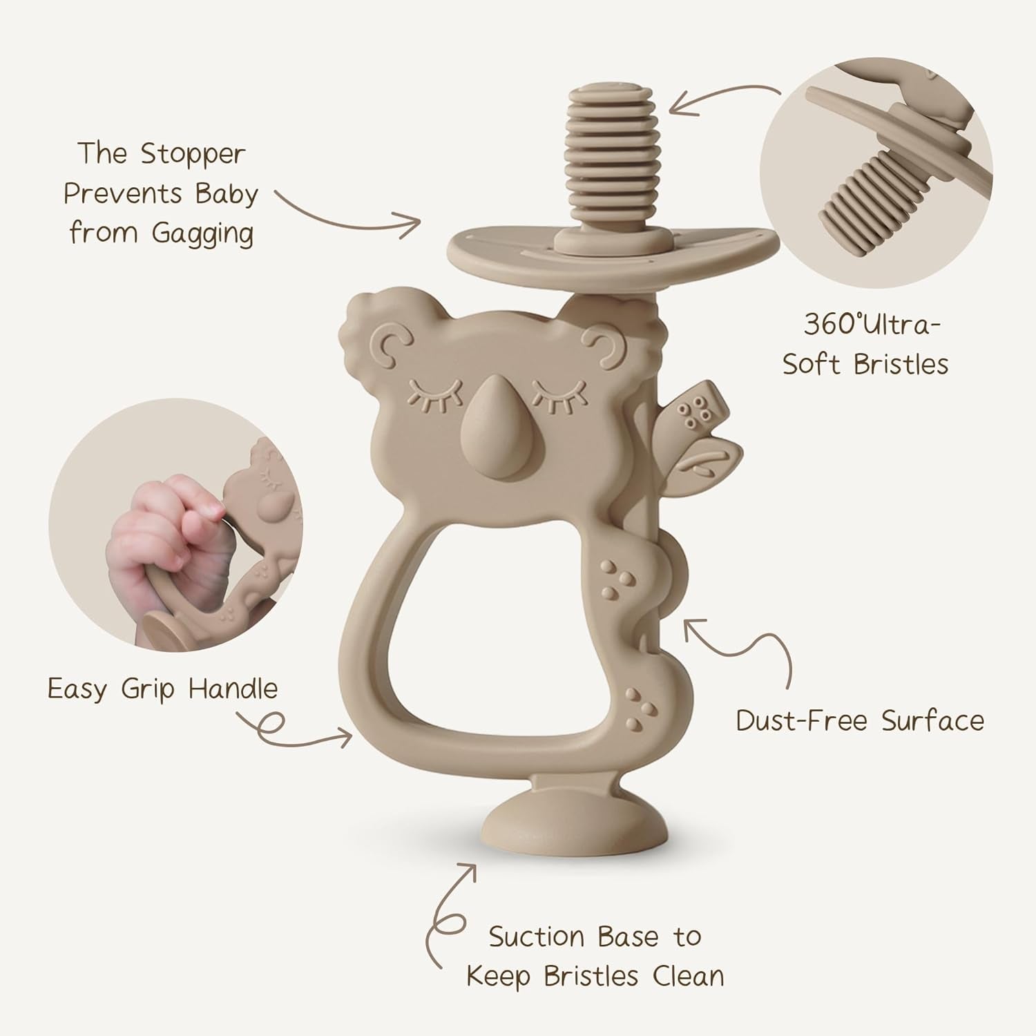 Jucărie de dentiție Moonkie din silicon fără BPA, periuță de dinți pentru bebeluși cu ventuză și rotire la 360°, ideală pentru bebelușii de 6-12 luni