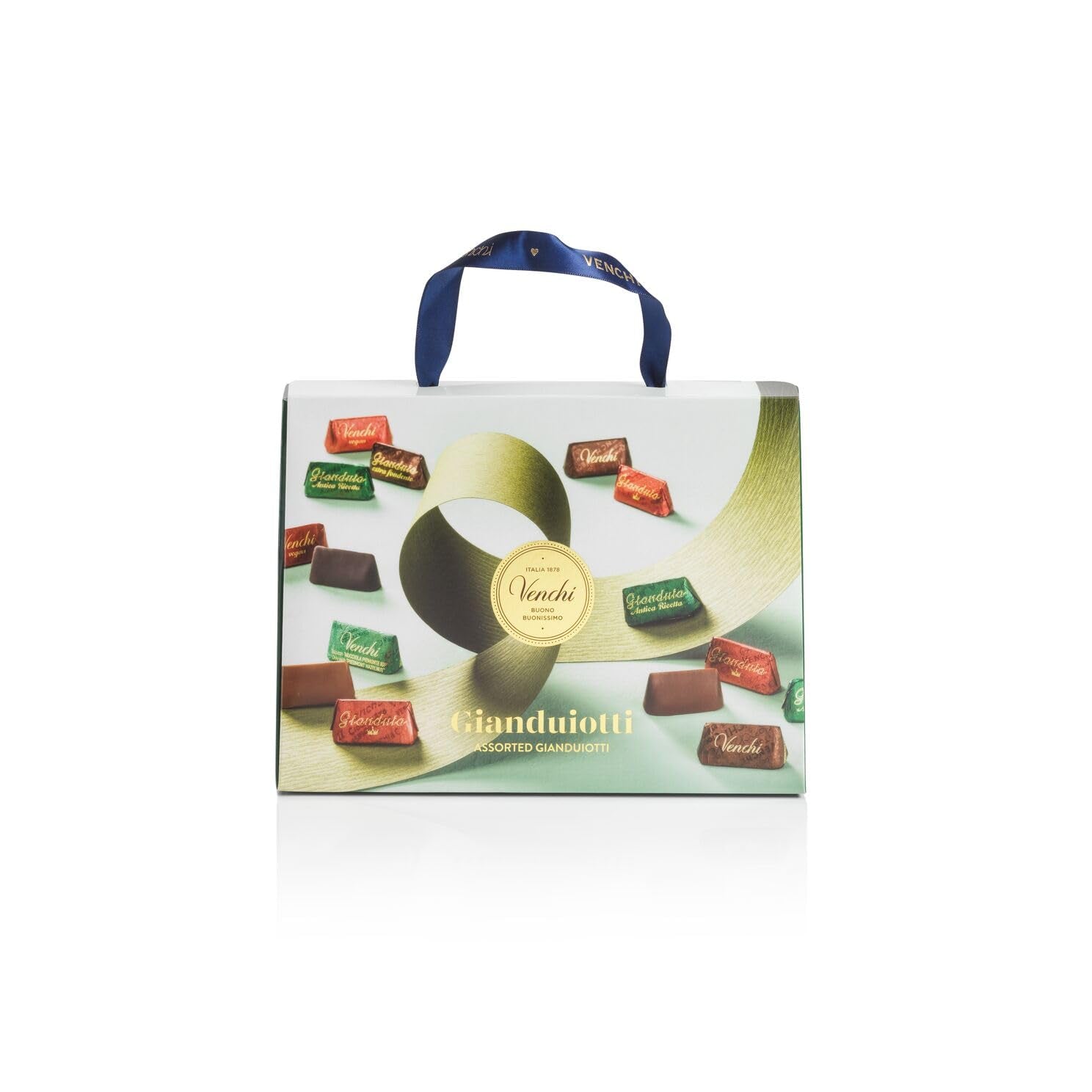 Set cadou Venchi - Borsina Gianduiotti, cu diverse bomboane de ciocolată Gianduiotti, inclusiv „Alune de pădure Piemont”, 150g, fără gluten, fără coloranți artificiali, fără conservanți, idee de cadou