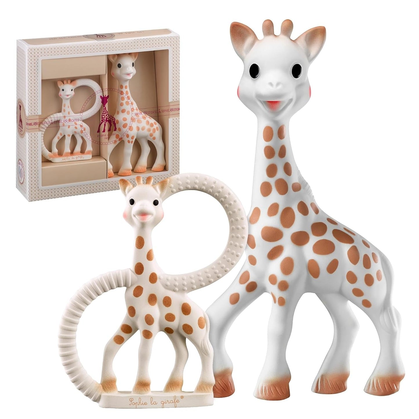 Girafa Sophie – Cutie cadou pentru bebeluși + Inel de dentiție – 100% cauciuc natural – Set de activități pentru copii – Jucărie pentru învățare timpurie