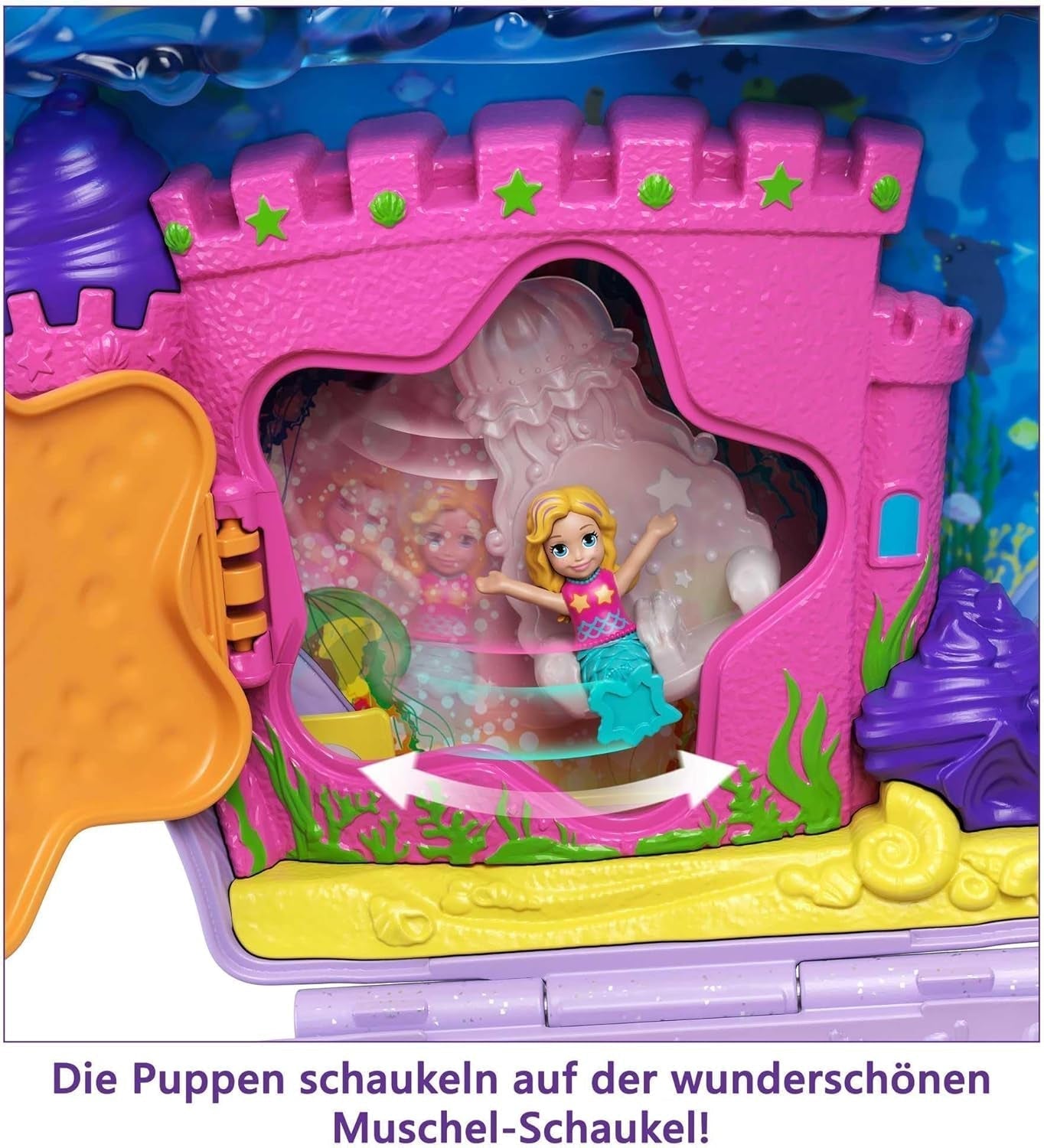 Sicriu Polly Pocket, sac de cochilie pentru înfășurat în jurul temei subacvatice, cu 2 păpuși și 1 submarin, jucărie sirenă Polly Pocket, jucărie de la 4 ani, GNH11 Papusi Naty Shop
