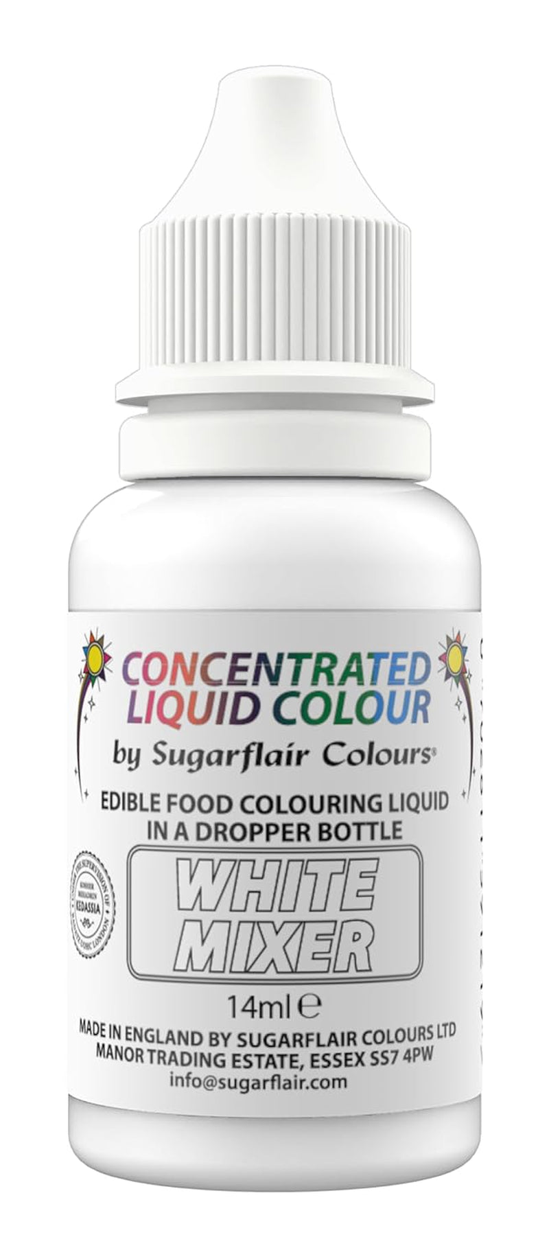 Vopsea comestibilă cu picături Sugarflair, albă lichidă - Colorant alimentar pentru pastă de zahăr, cremă de unt - Poate fi folosită cu aerograful - 14ml