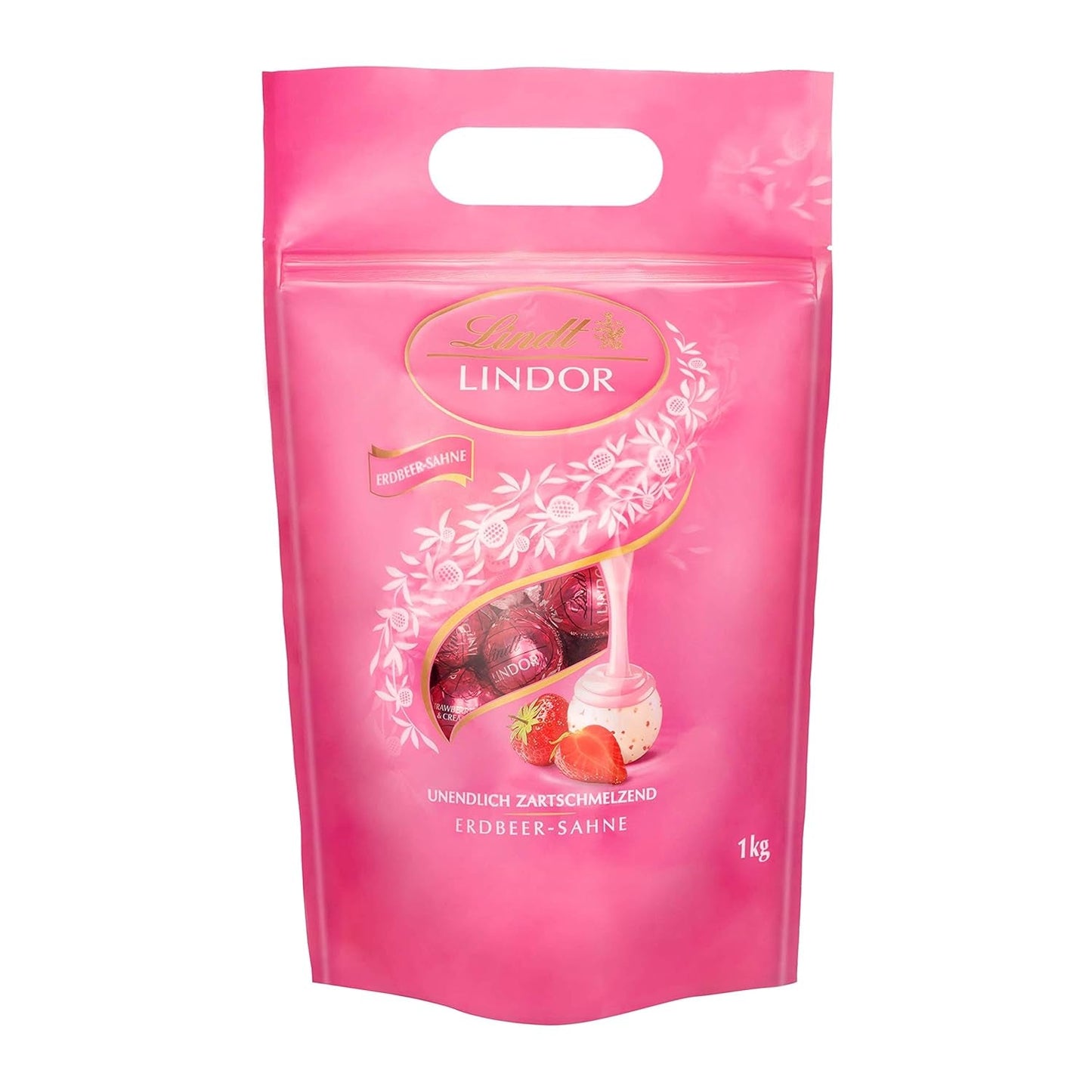 Bile de ciocolată extra neagră Lindt LINDOR și biluțe de ciocolată cu cremă de căpșuni LINDOR | pungă resigilabilă de 1 kg | aprox. 80 de biluțe de ciocolată albă cu cremă de căpșuni