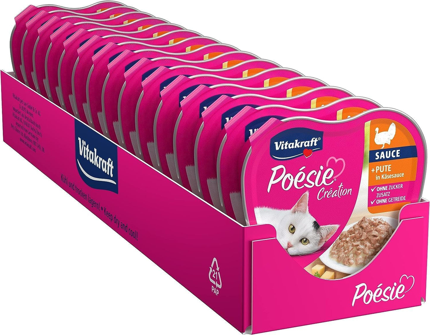 Vitakraft Poésie Création, hrană umedă pentru pisici, hrană umedă pentru pisici în sos, cu curcan în sos de brânză, pachet multiplu, fără zahăr adăugat sau cereale (15 x 85g)