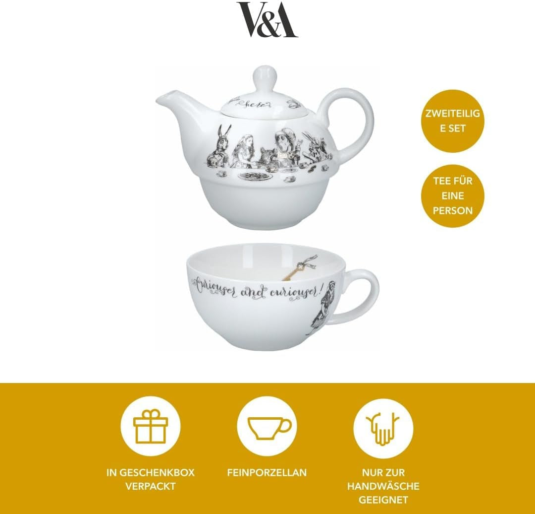 Set ceainic și ceașcă Alice în Țara Minunilor pentru 1 persoană în cutie cadou, serviciu de ceai din porțelan fin, alb, 250 ml