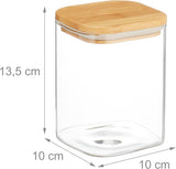 Borcane de depozitare Relaxdays cu capace din bambus, set de 3, borcane pătrate din sticlă, 900 ml, etanșe, transparente/naturale Cutii depozitare alimente Naty Shop