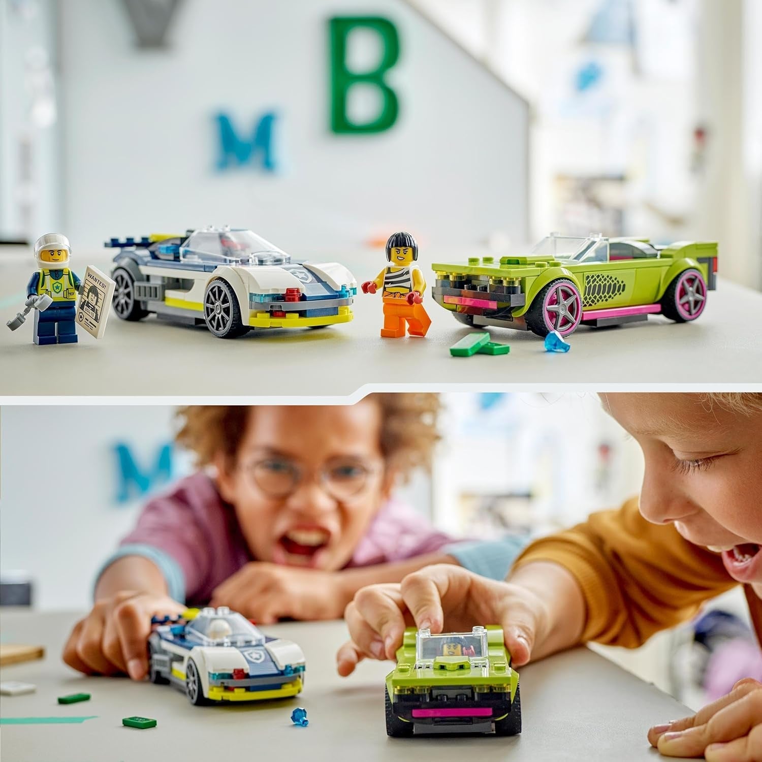 LEGO City Car Chase cu mașină de poliție și mașină cu mușchi, tren de jucărie cu 2 mașini de curse, cadou de poliție pentru copii, băieți și fete de la 6 ani, set cu polițist și minifigurine Ganovin 60415 Seturi de constructie Besuche den LEGO-Store