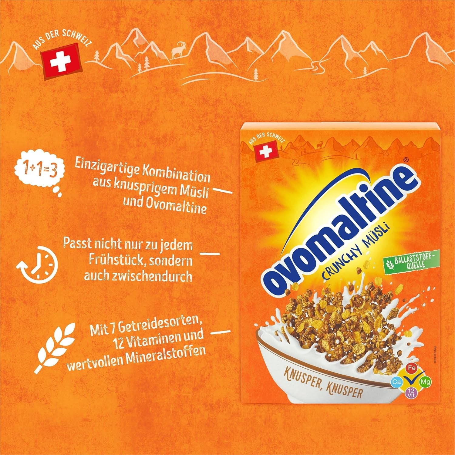 Ovomaltine Crunchy Muesli - muesli crocant cu ciocolată, cu un amestec unic de cereale și Ovomaltine - muesli cu ciocolată, vitamine, fibre și minerale valoroase (1 x 450g)