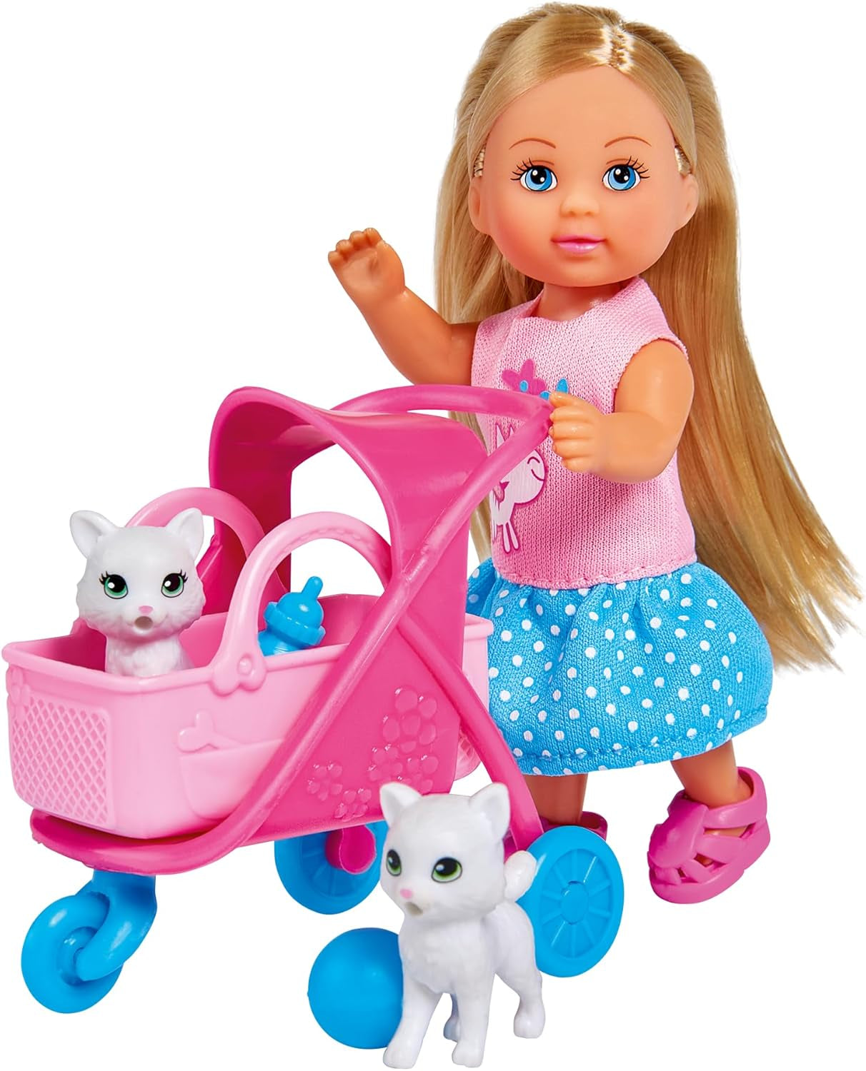 Simba 105733348 - Cărucior Evi Love Cat, cu două pisici în cărucior, geantă detașabilă, accesorii, păpușă de îmbrăcat, 12 cm, pentru copii cu vârsta de 3 ani și peste