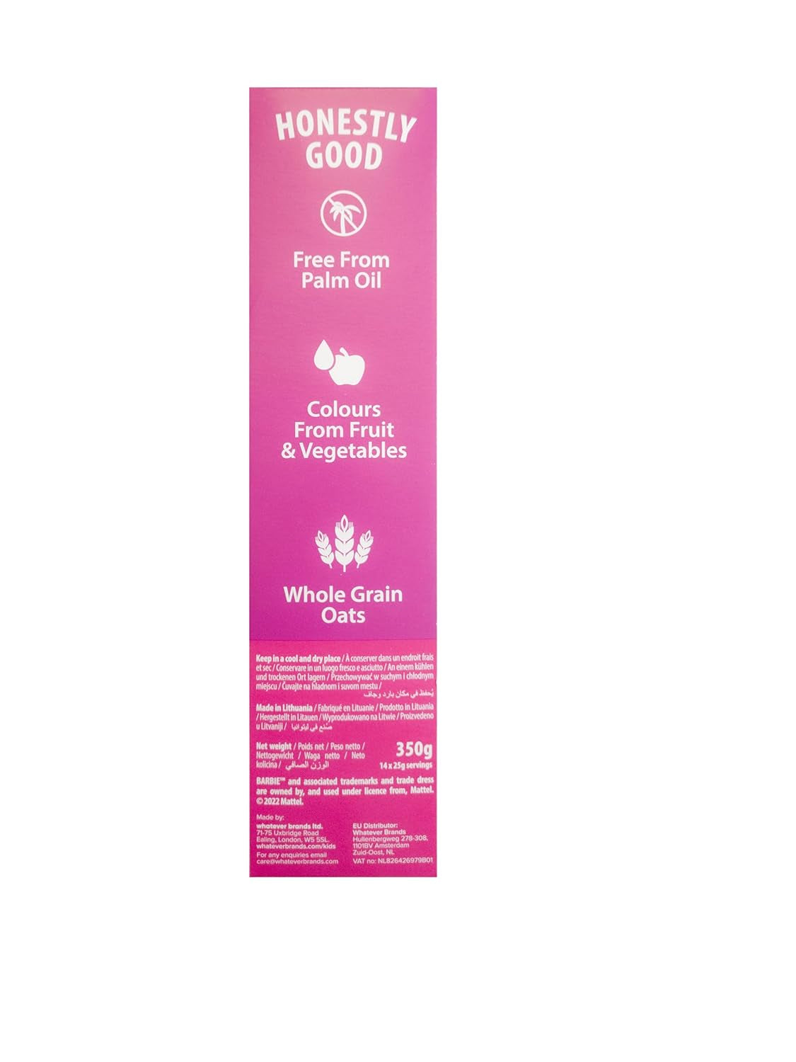 Cereale Barbie Rainbow Loops, inele colorate din grâu, ovăz și porumb cu aromă de fructe pentru micul dejun perfect, 1 pachet (1 x 350g)