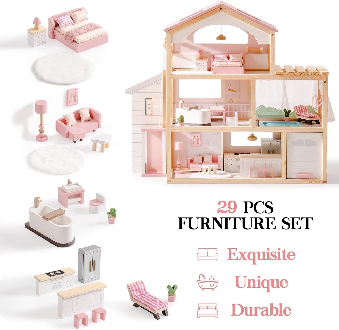 ROBUD Casă de păpuși din lemn, vilă pentru păpuși cu mobilier, cu lift, garaj, pavilion și piscină, cadou pentru copii cu vârsta de 3, 4, 5, 6 ani și peste, roz