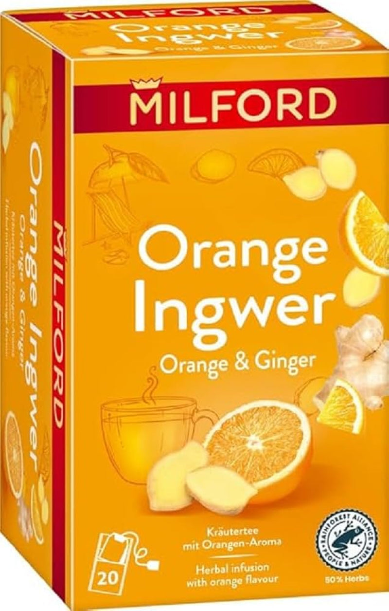 MILFORD Orange Ingwer | Ceai din plante cu aromă de portocală | 20 pliculețe de ceai